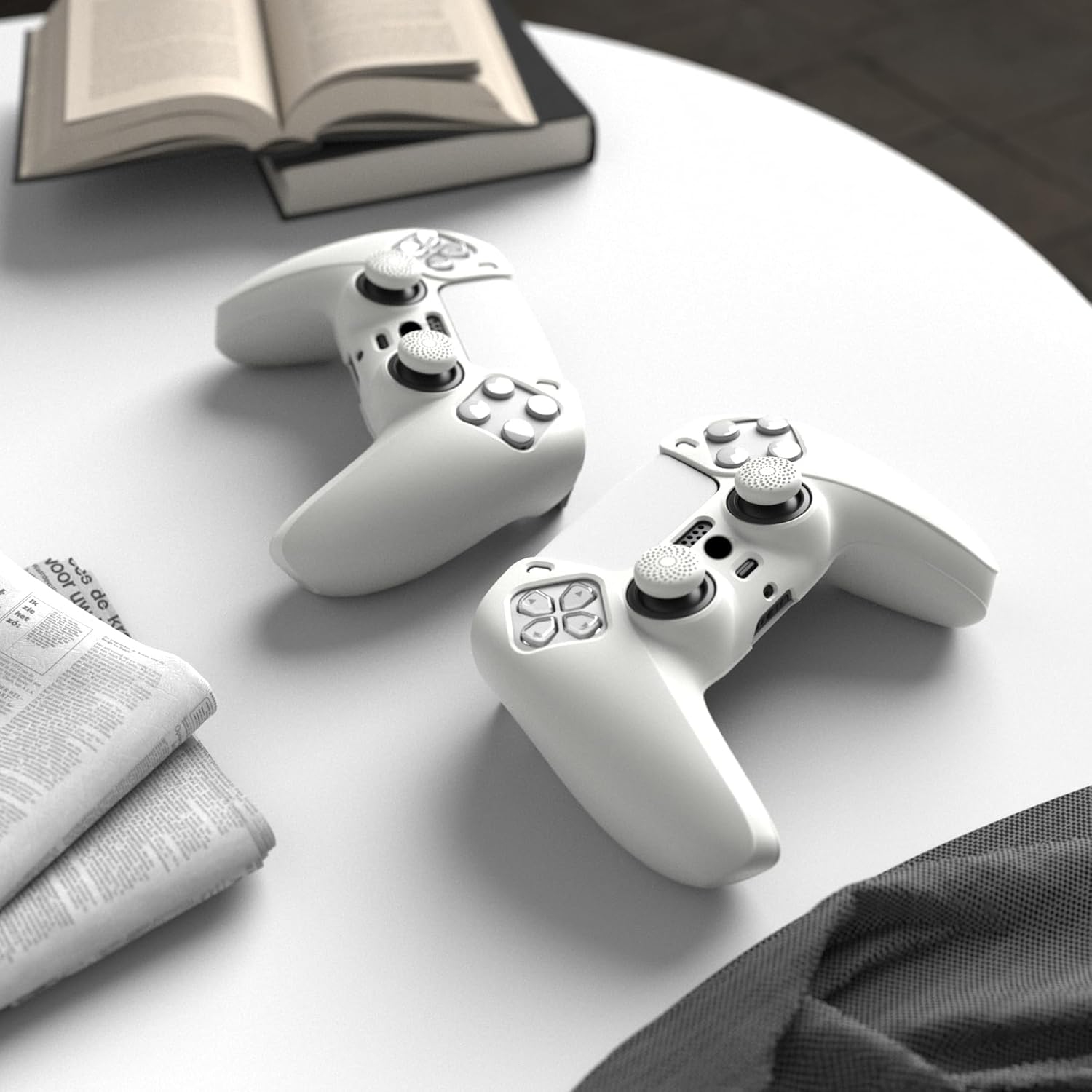 PlayVital White Pure Series Anti-Slip Silicone Cover Skin for ps5 Controller, Soft Rubber Case with White Thumb Grip Caps