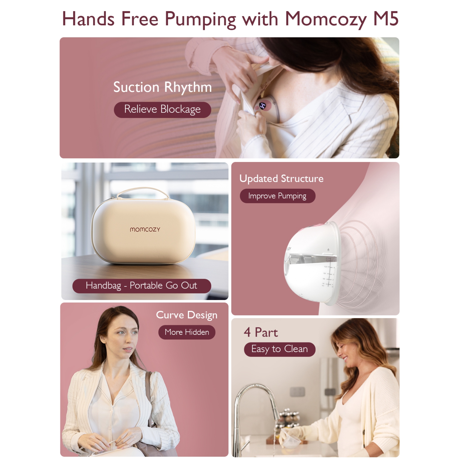 Momcozy All-in-one M5 Wearable Breast Pump, Hands-Free Electric Breast Pump, Double-Sealed Flange with 3 Modes and 9 Levels, Pink