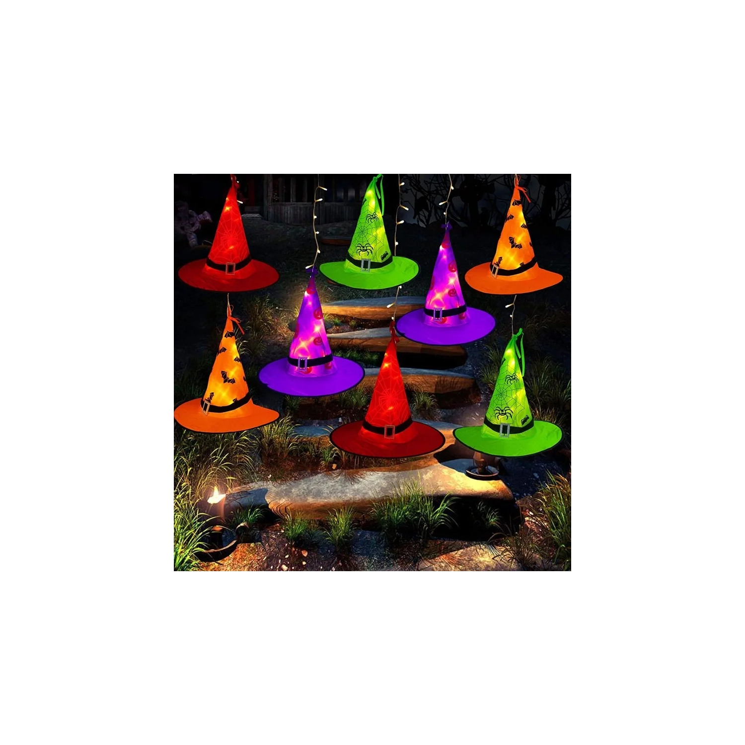 Halloween Lighted Witch Hats - 8pcs Hanging Glowing Witch Hats, 44ft Outdoor String Lights with 8 Lighting Modes for Garden, Yard, and Tree Decor