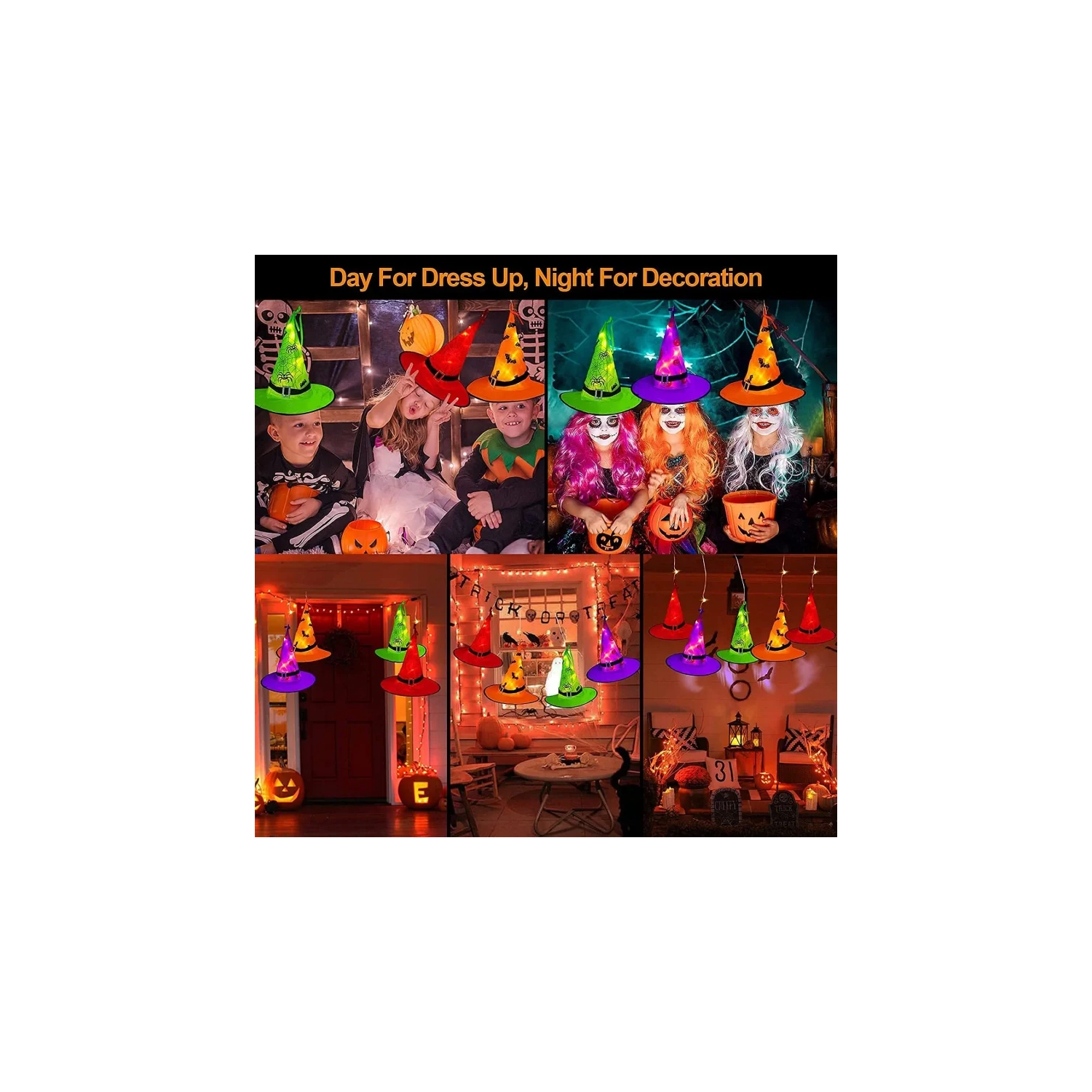 Halloween Lighted Witch Hats - 8pcs Hanging Glowing Witch Hats, 44ft Outdoor String Lights with 8 Lighting Modes for Garden, Yard, and Tree Decor
