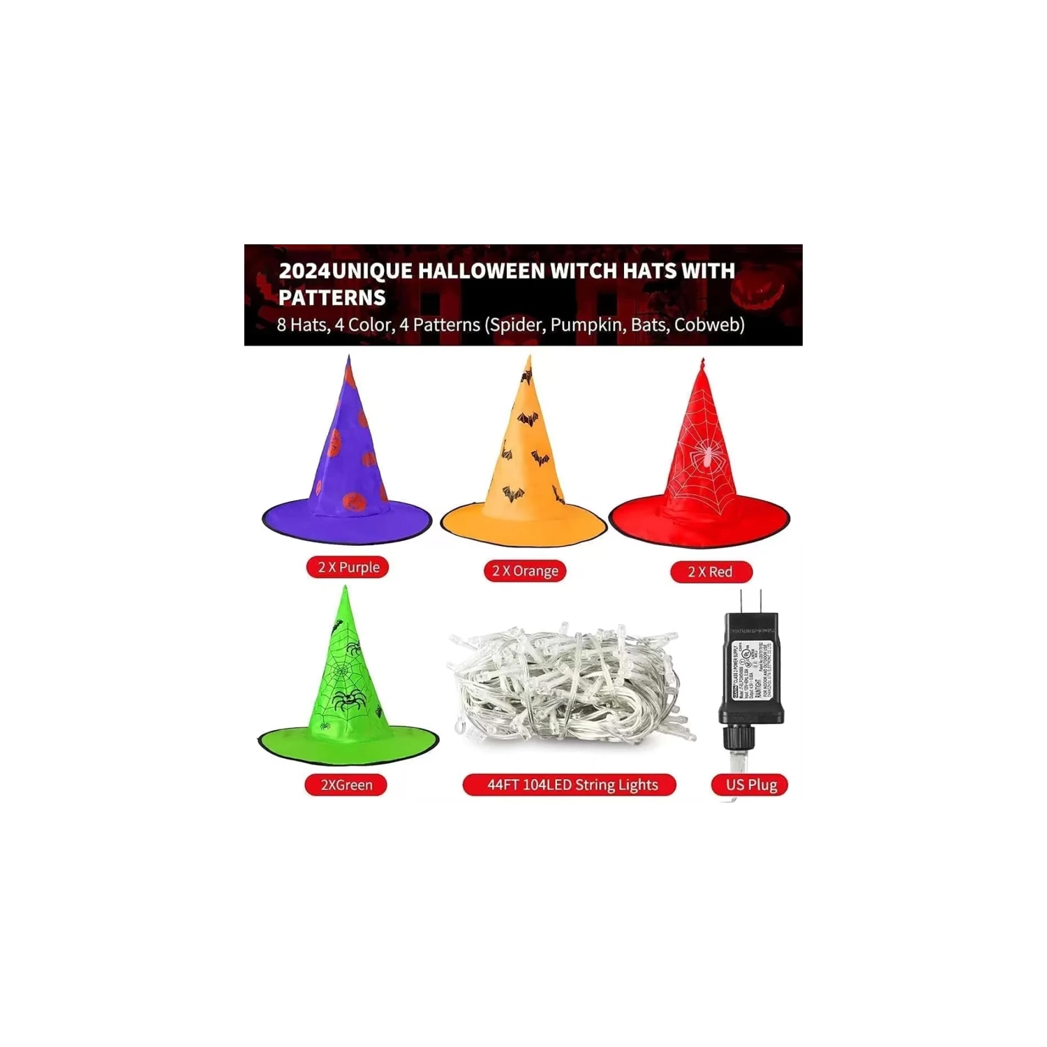 Halloween Lighted Witch Hats - 8pcs Hanging Glowing Witch Hats, 44ft Outdoor String Lights with 8 Lighting Modes for Garden, Yard, and Tree Decor