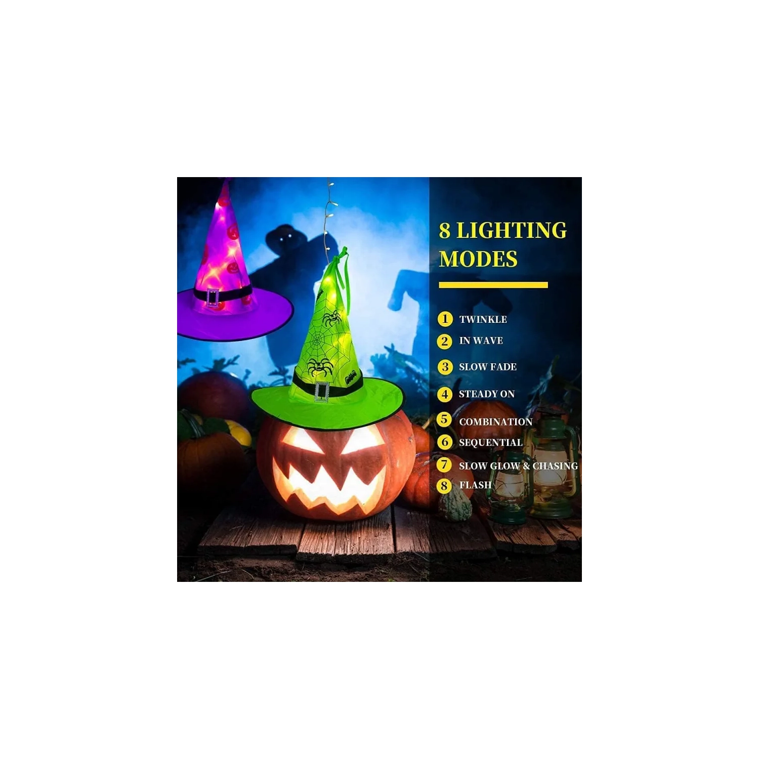 Halloween Lighted Witch Hats - 8pcs Hanging Glowing Witch Hats, 44ft Outdoor String Lights with 8 Lighting Modes for Garden, Yard, and Tree Decor