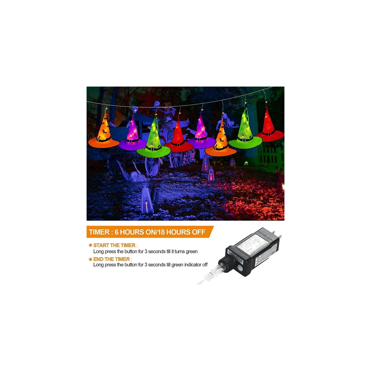 Halloween Lighted Witch Hats - 8pcs Hanging Glowing Witch Hats, 44ft Outdoor String Lights with 8 Lighting Modes for Garden, Yard, and Tree Decor