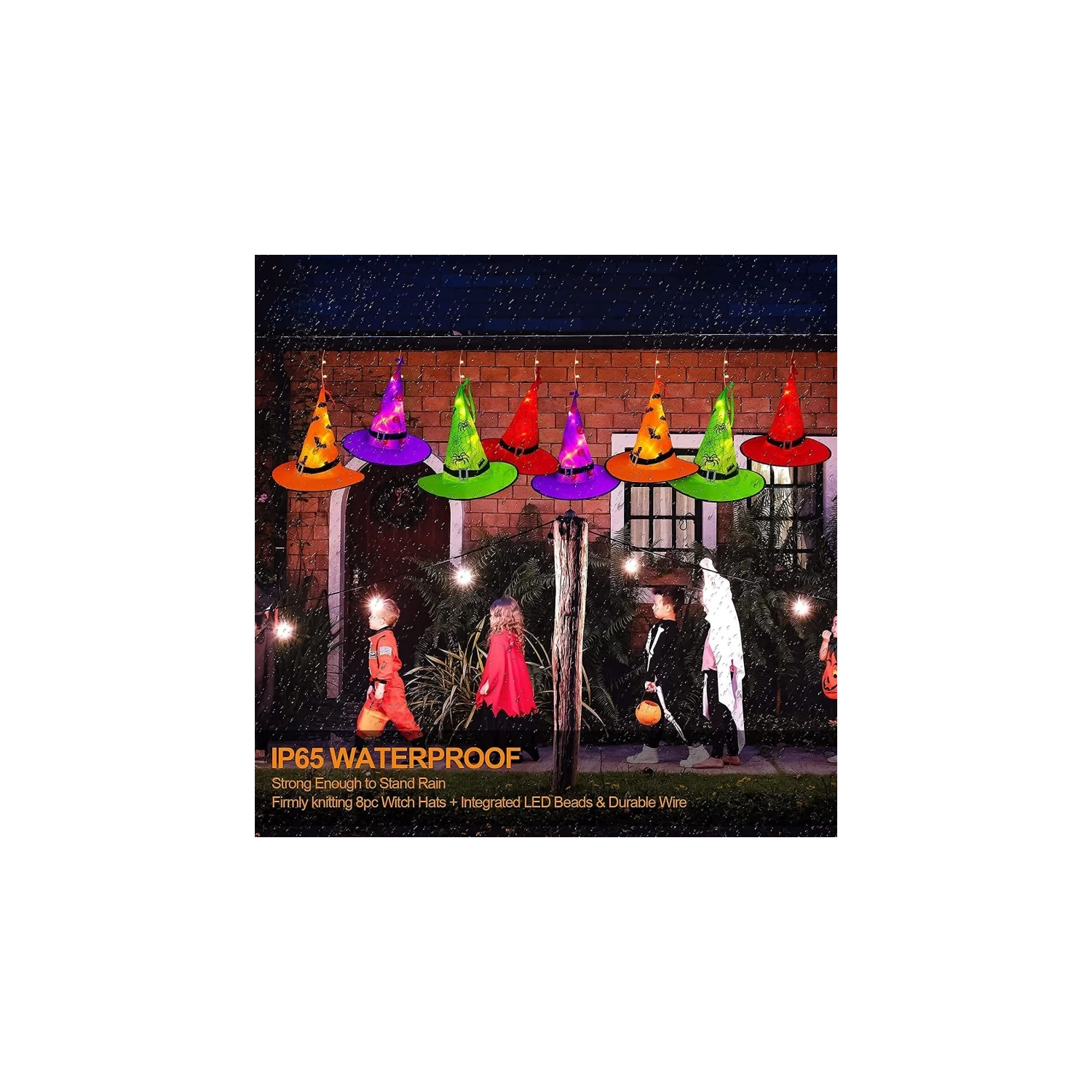 Halloween Lighted Witch Hats - 8pcs Hanging Glowing Witch Hats, 44ft Outdoor String Lights with 8 Lighting Modes for Garden, Yard, and Tree Decor