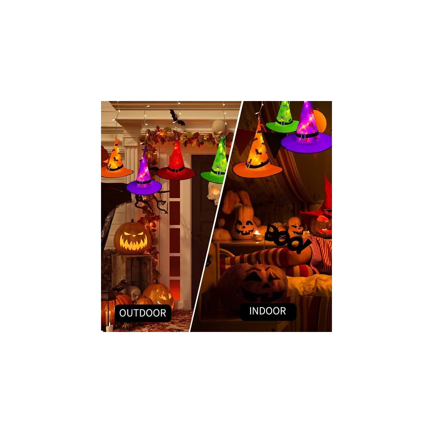 Halloween Lighted Witch Hats - 8pcs Hanging Glowing Witch Hats, 44ft Outdoor String Lights with 8 Lighting Modes for Garden, Yard, and Tree Decor
