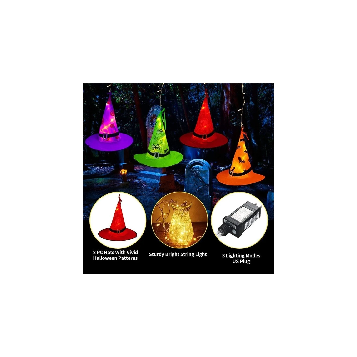 Halloween Lighted Witch Hats - 8pcs Hanging Glowing Witch Hats, 44ft Outdoor String Lights with 8 Lighting Modes for Garden, Yard, and Tree Decor
