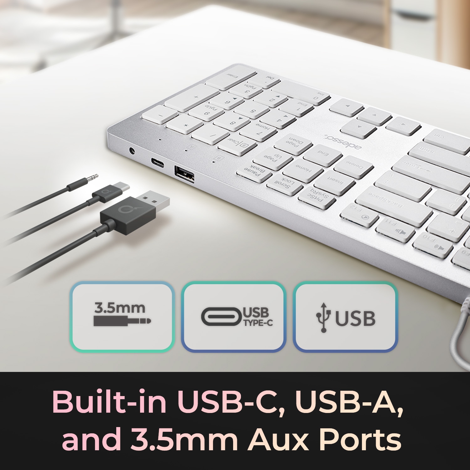 Français - Clavier USB-C à touches ciseaux multisystème d'exploitation avec touche de raccourci CoPilot AI et ports USB-C, USB-A et 3,5&nbsp;mm