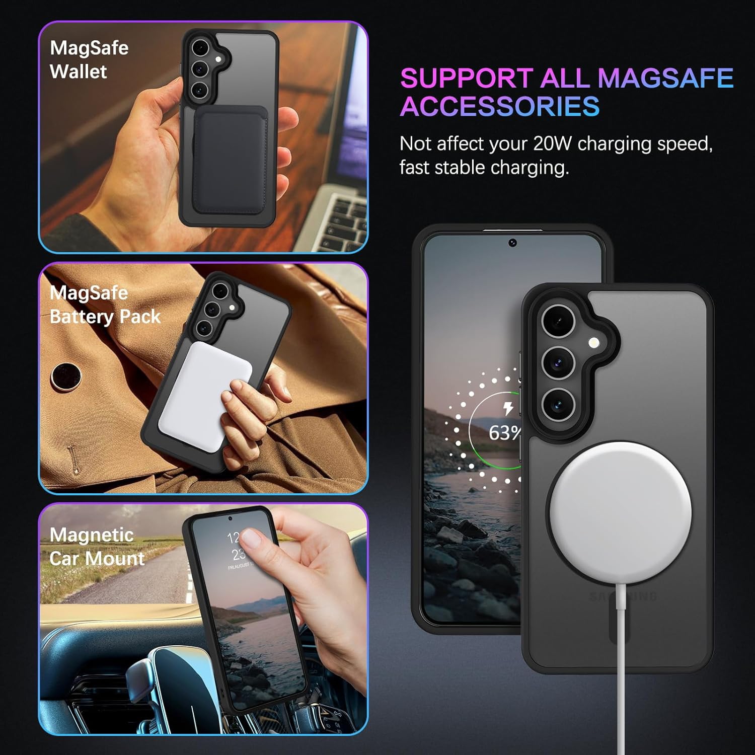 [CS] Matte Silicone Hybrid Magnetic MagSafe Case Cover for Samsung Galaxy S25 / S24, Black