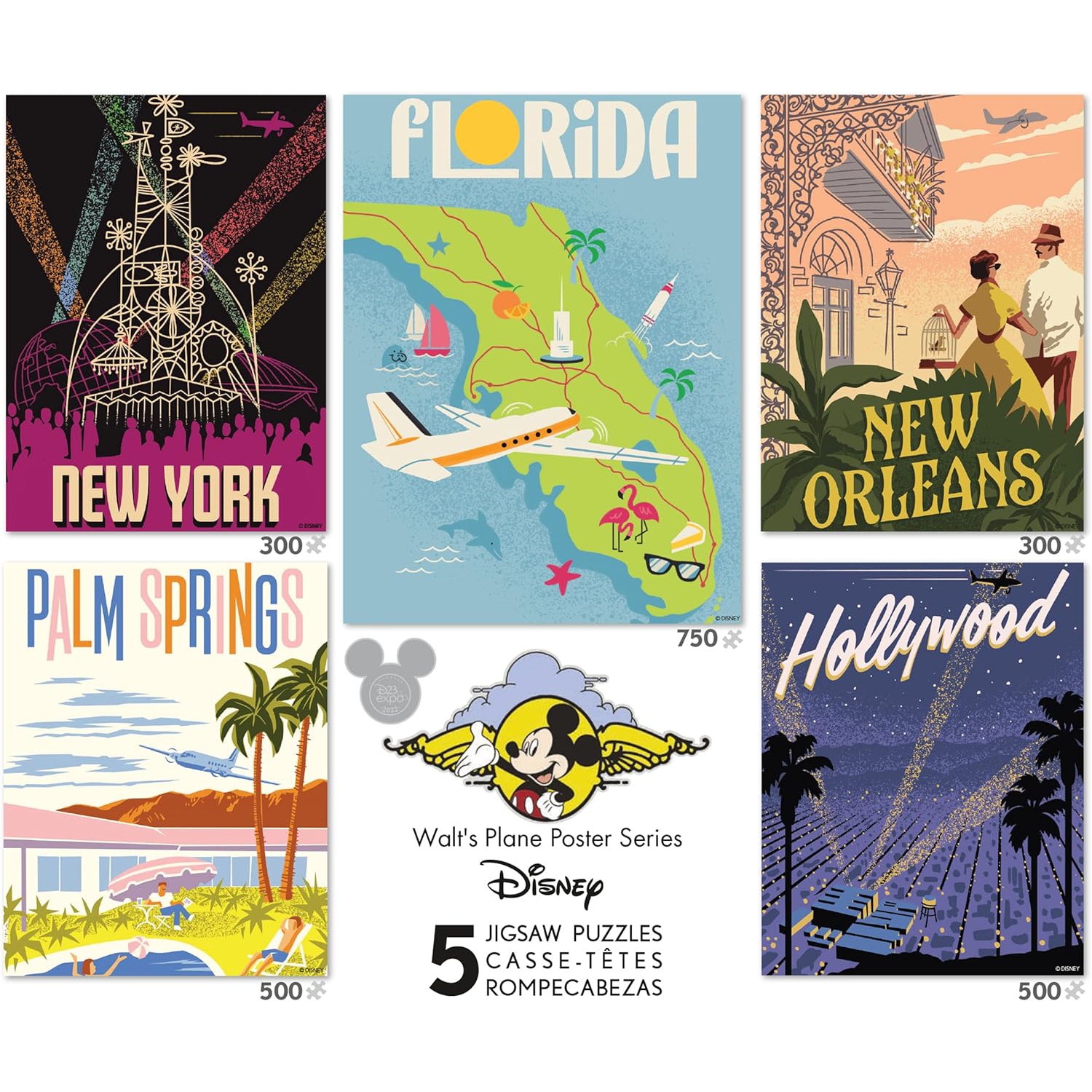 Ceaco – Ensemble de casse-têtes 5-en-1 édition limitée – Affiches en avion de Walt – Contient 5 casse-têtes Expo D23 de Disney – 300 pièces, (2) 500
