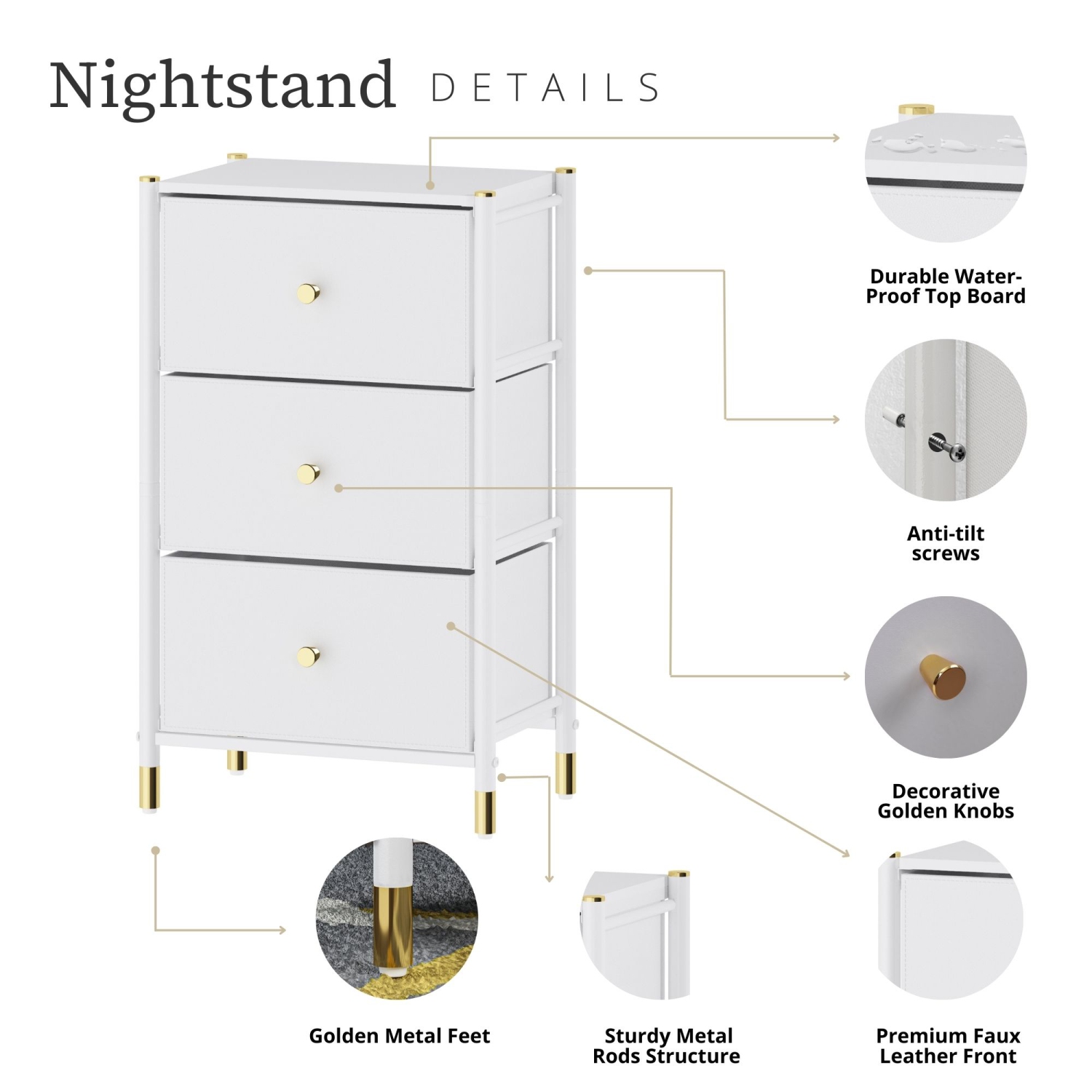 Nightstand With Drawers | 3-Tier Bed Side Table | End Table Storage with Baskets