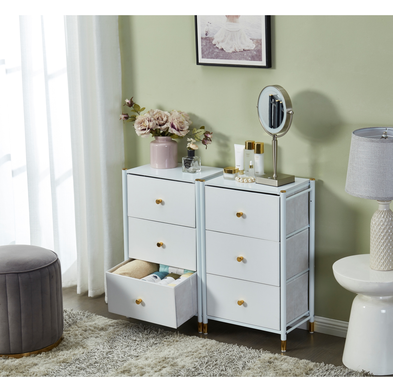 Nightstand With Drawers | 3-Tier Bed Side Table | End Table Storage with Baskets
