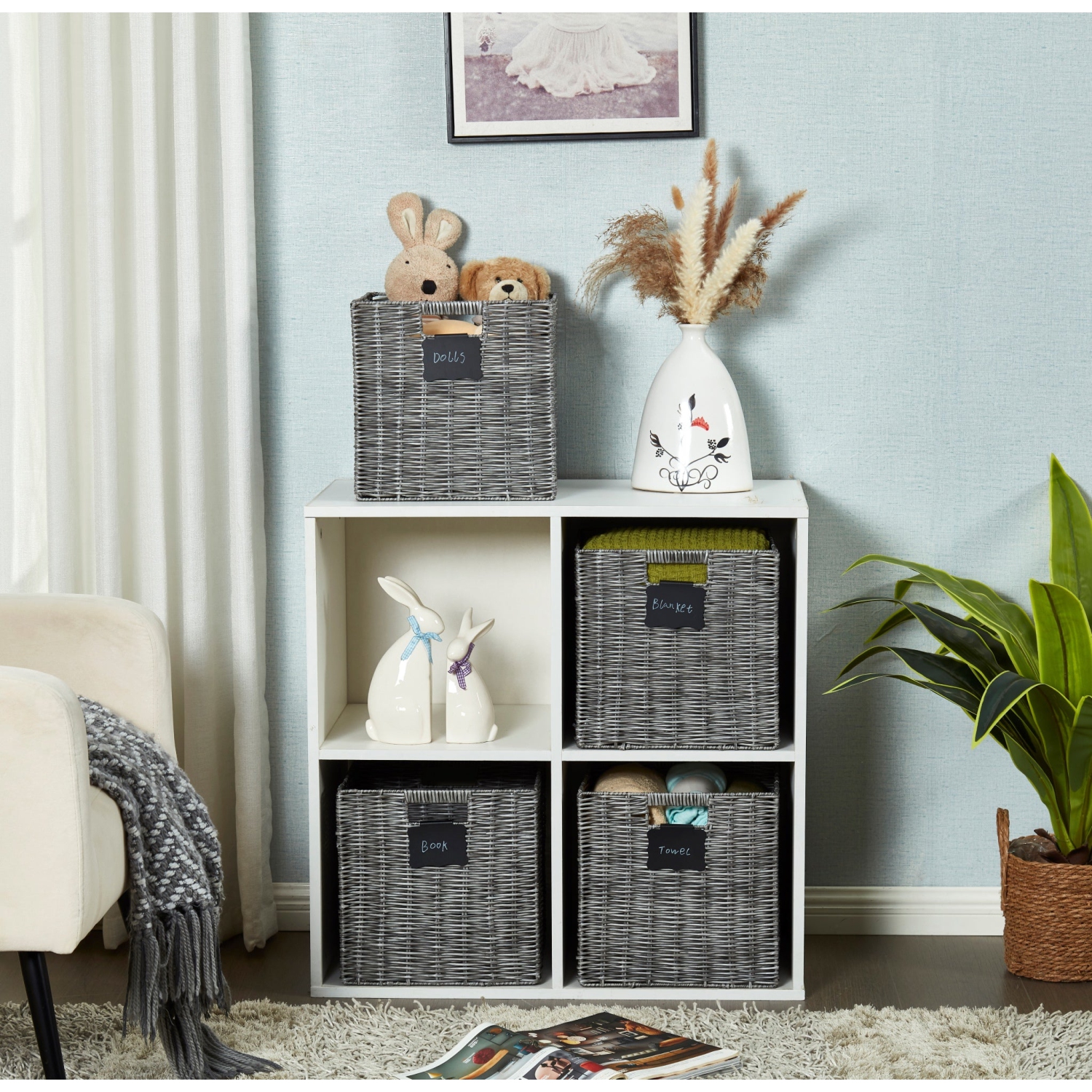 Paniers en osier Organisation de rangement - Paniers de rangement cubiques pour tablettes Jouets Livres Vêtements Panier décoratif en osier avec