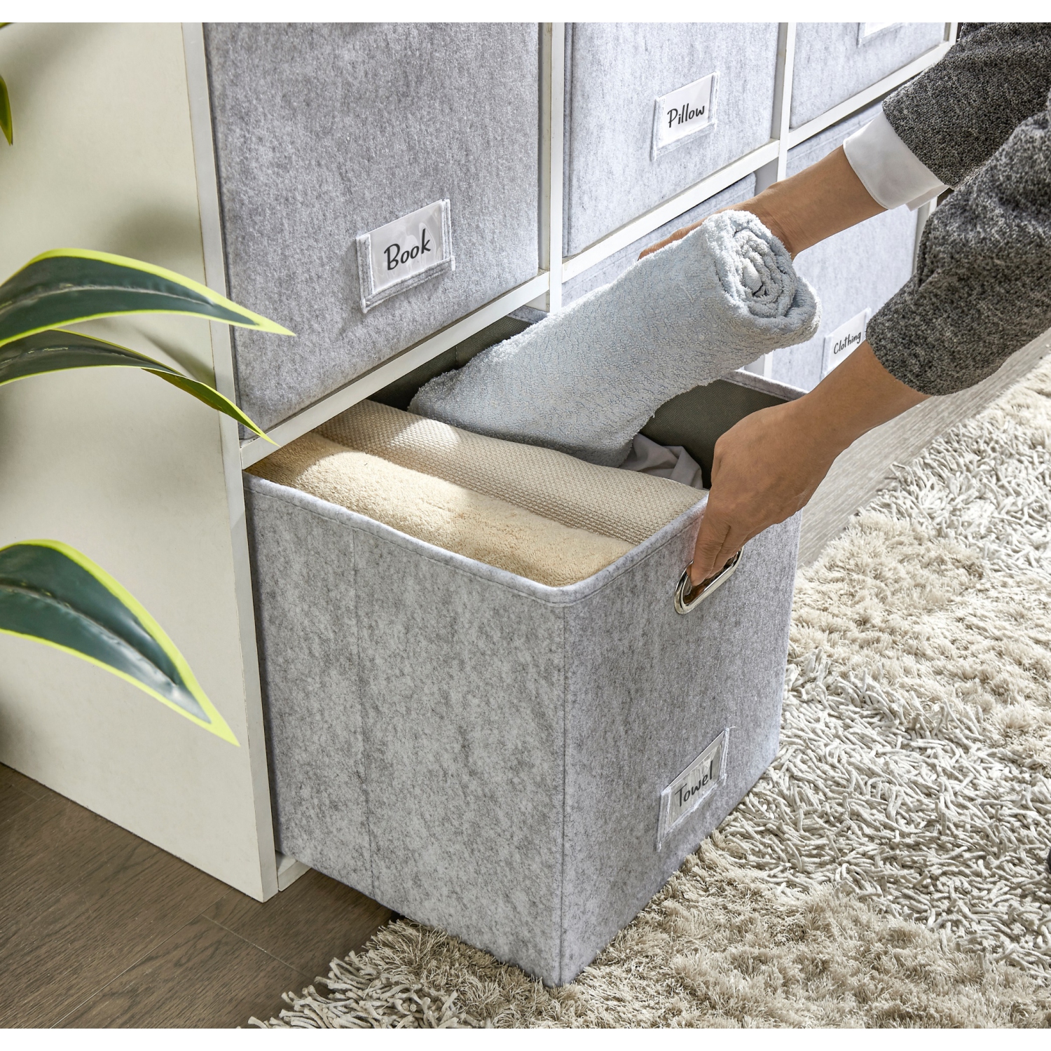 Bac de rangement cubique pliable de 11&nbsp;po avec porte-étiquette | Bacs de rangement en feutre