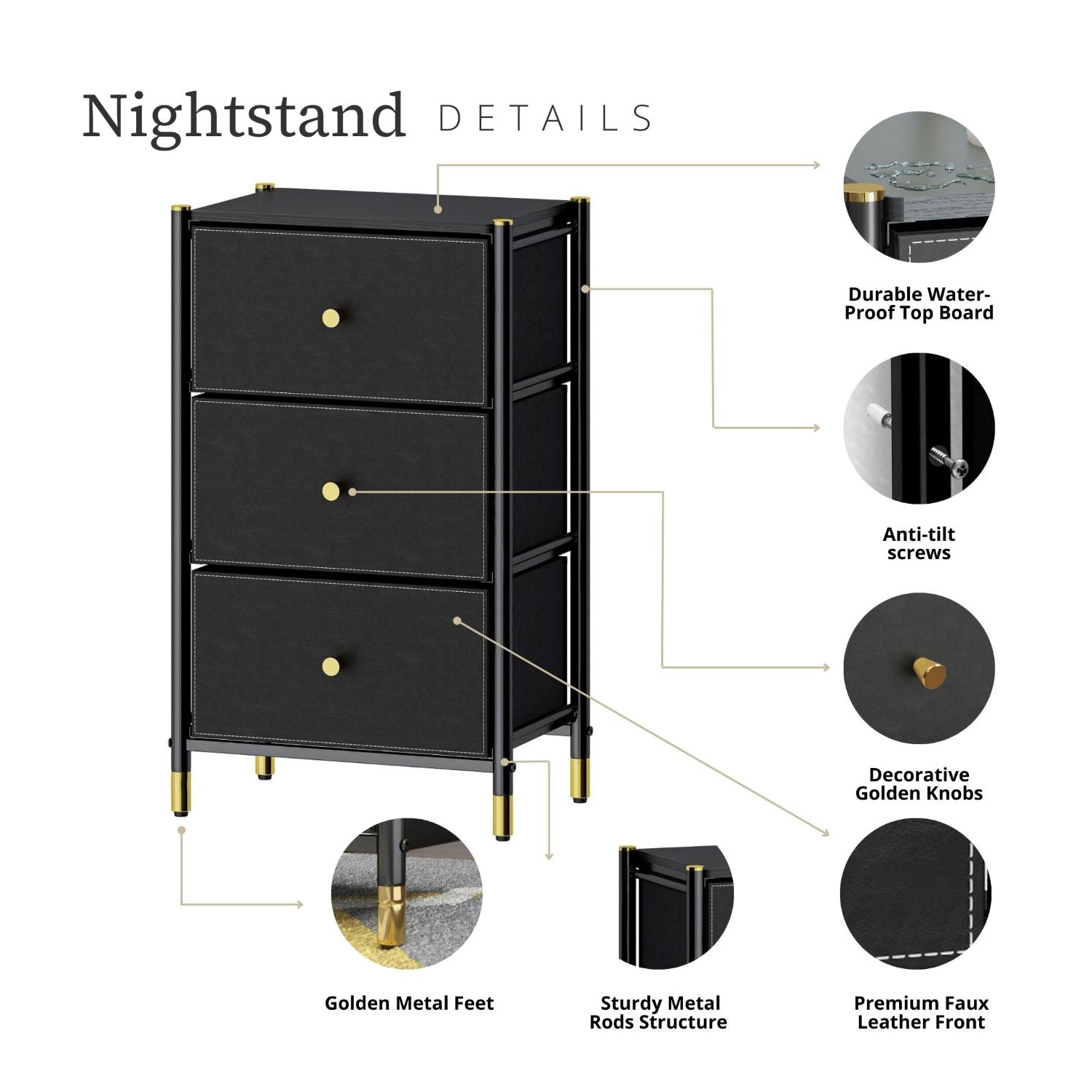 Nightstand With Drawers | 3-Tier Bed Side Table | End Table Storage with Baskets