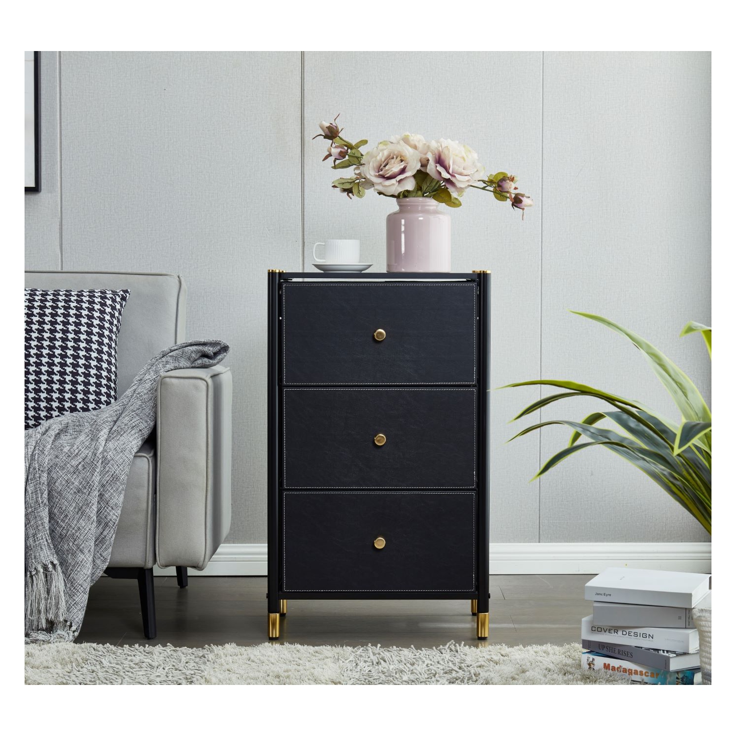 Nightstand With Drawers | 3-Tier Bed Side Table | End Table Storage with Baskets