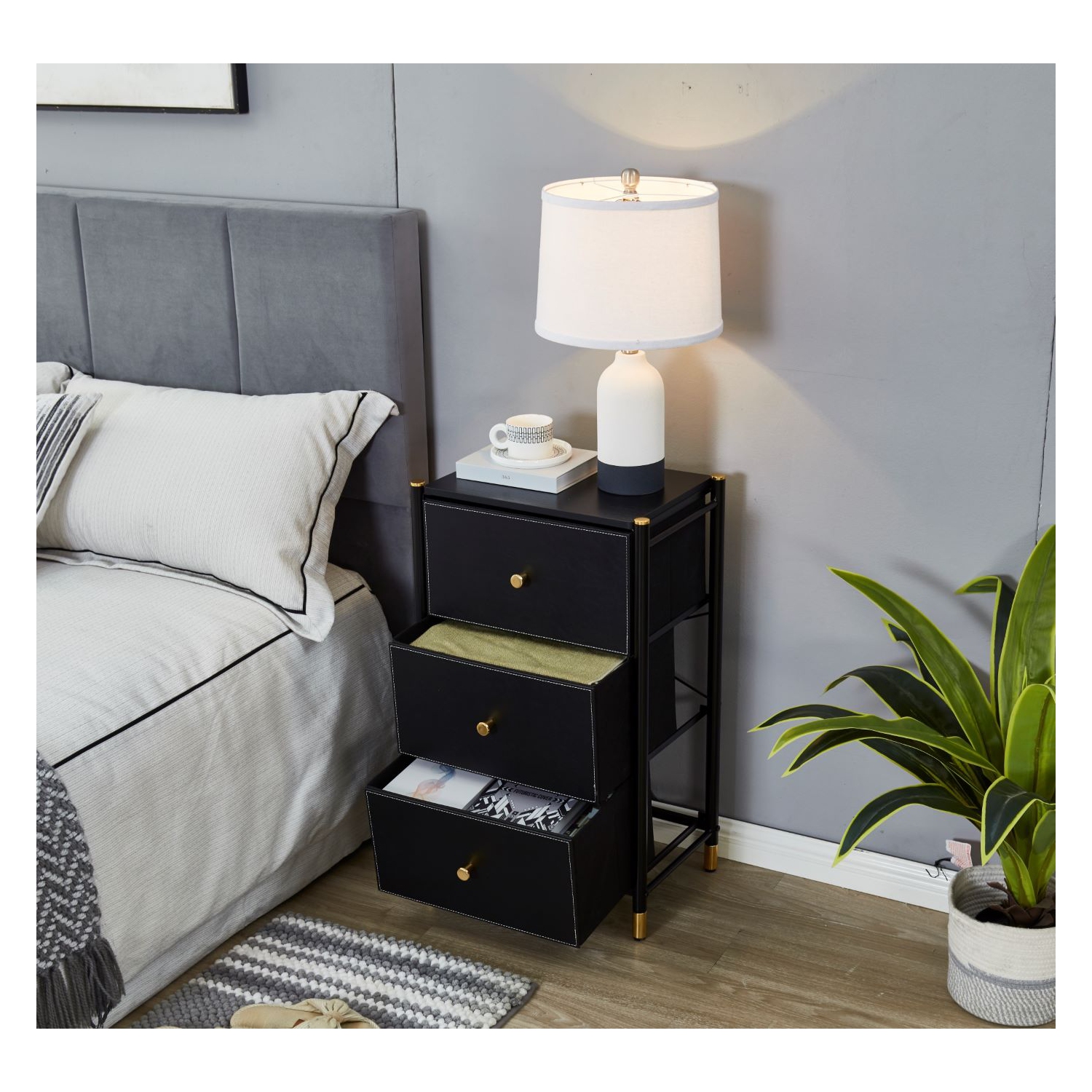 Nightstand With Drawers | 3-Tier Bed Side Table | End Table Storage with Baskets