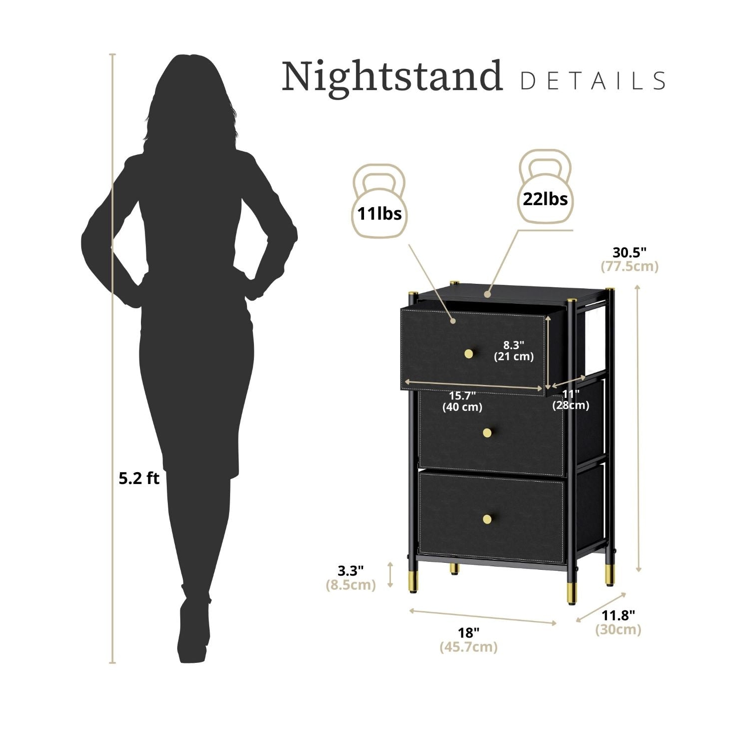 Nightstand With Drawers | 3-Tier Bed Side Table | End Table Storage with Baskets