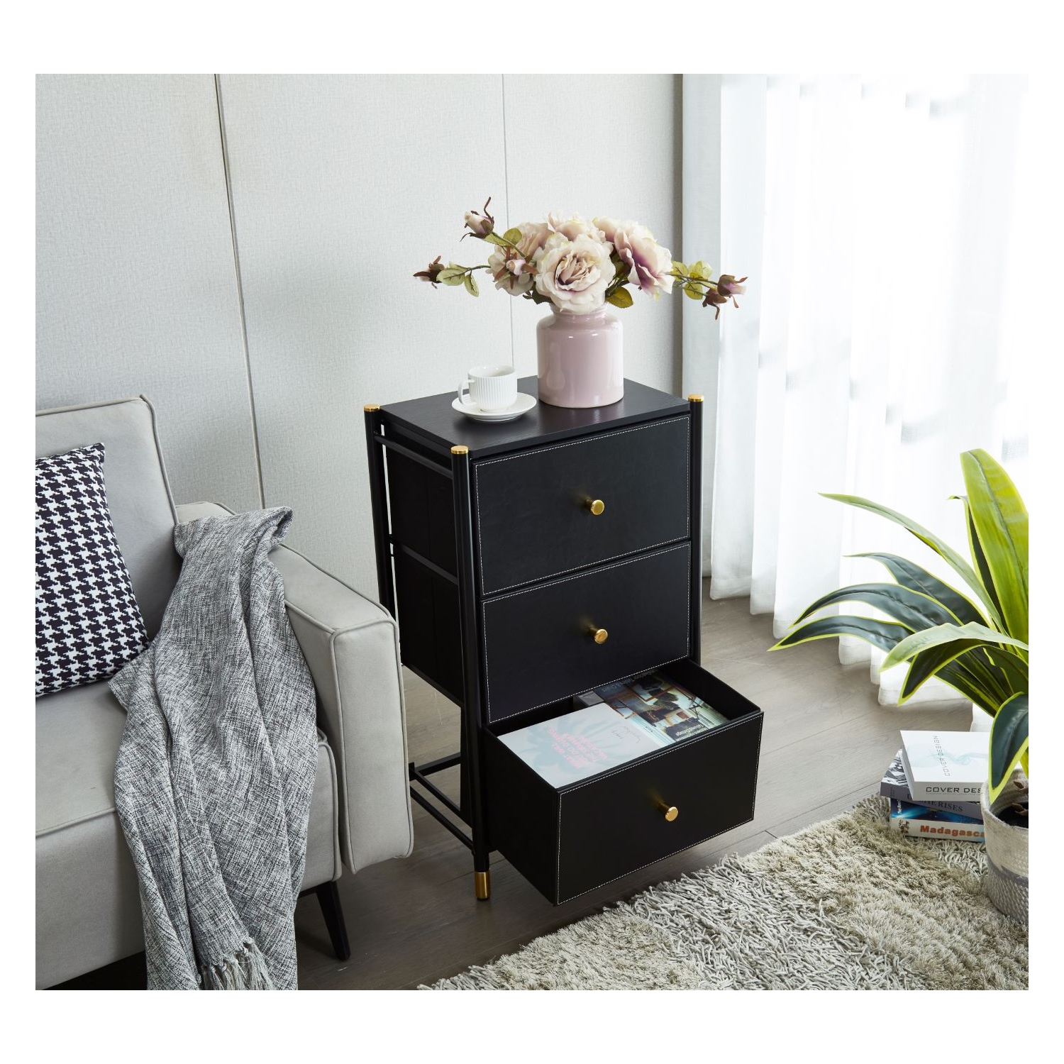 Nightstand With Drawers | 3-Tier Bed Side Table | End Table Storage with Baskets