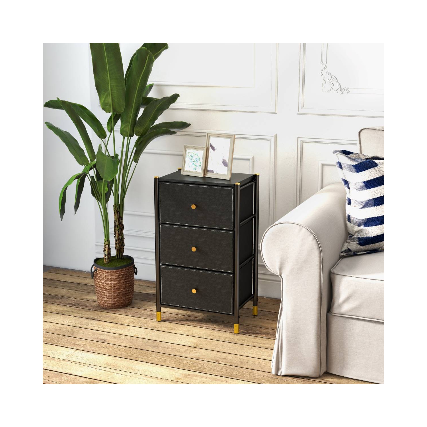 Nightstand With Drawers | 3-Tier Bed Side Table | End Table Storage with Baskets