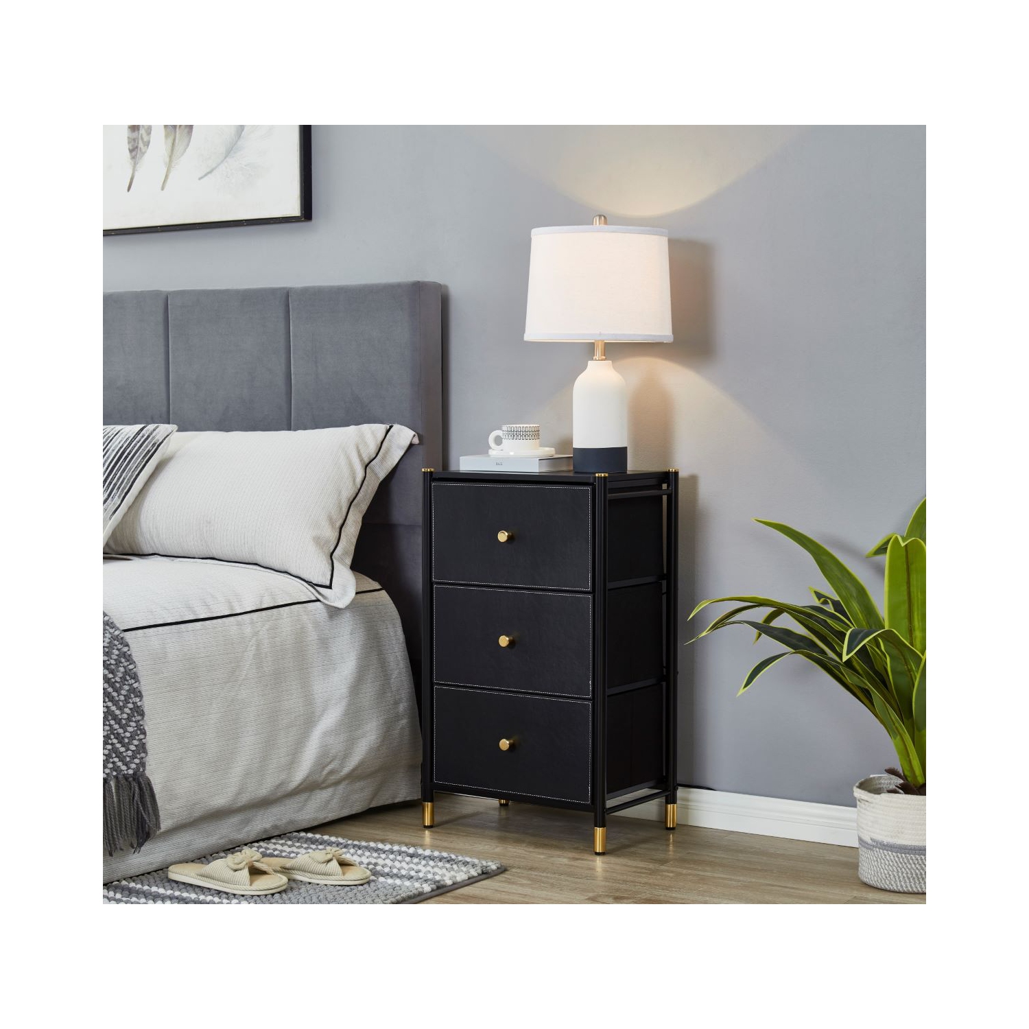 Nightstand With Drawers | 3-Tier Bed Side Table | End Table Storage with Baskets