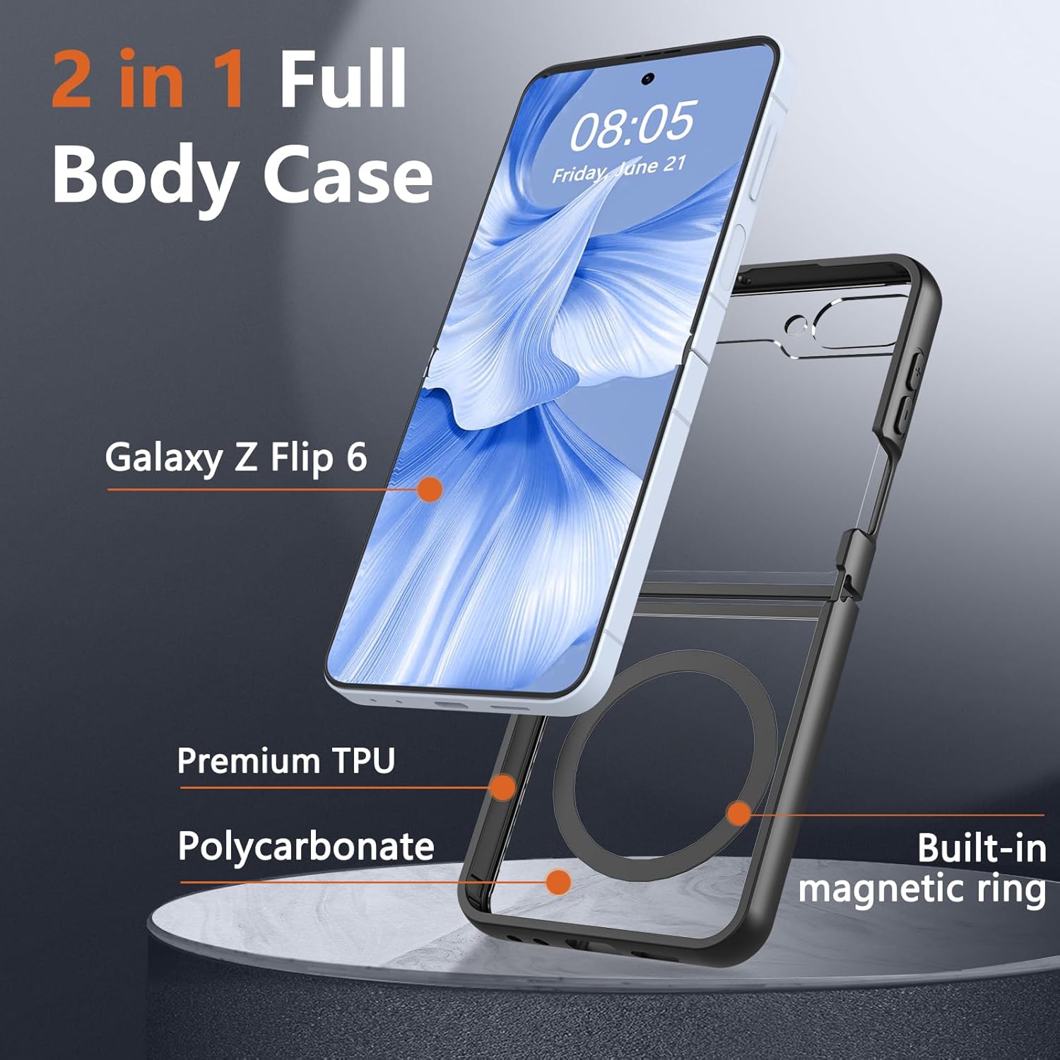 XCRS Fitted Case Magsafe Ring Cover, Clear Transparent Magnetic Slim Hard Case for Samsung Galaxy Z Flip 6