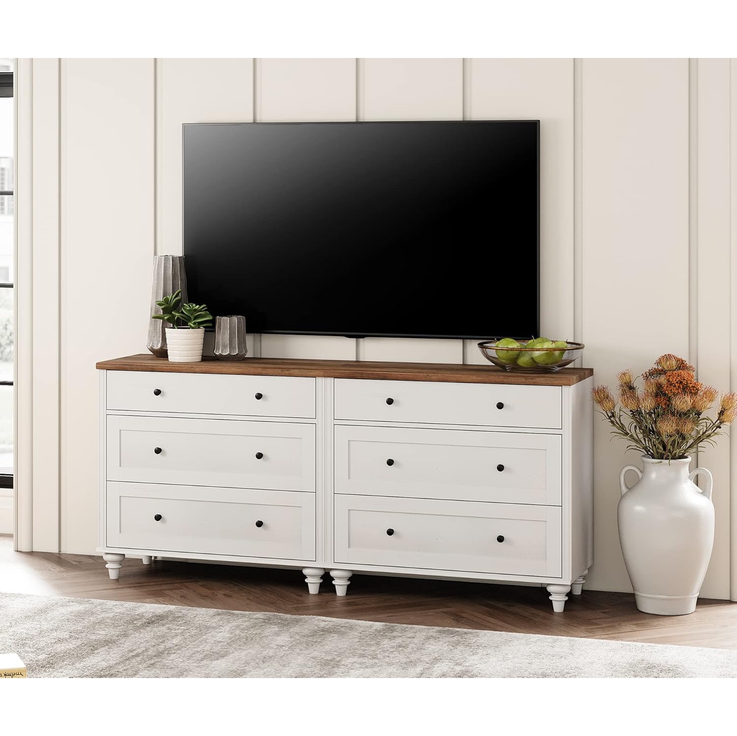 Meuble moderne mi-siècle WAMPAT pour téléviseur de 75&nbsp;po, console en bois pour téléviseur 70 65 60&nbsp;po, blanc