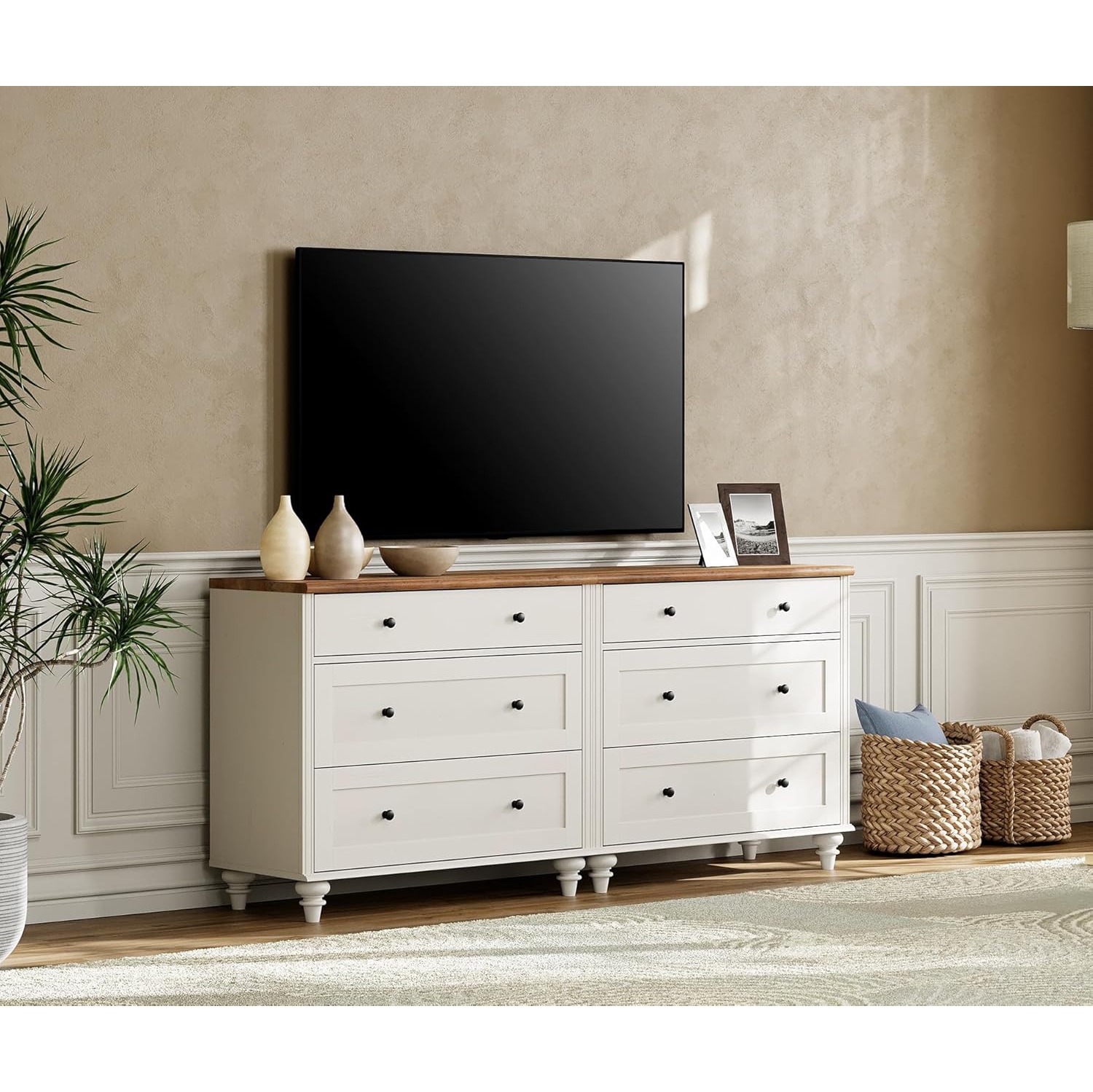Meuble moderne mi-siècle WAMPAT pour téléviseur de 75&nbsp;po, console en bois pour téléviseur 70 65 60&nbsp;po, blanc