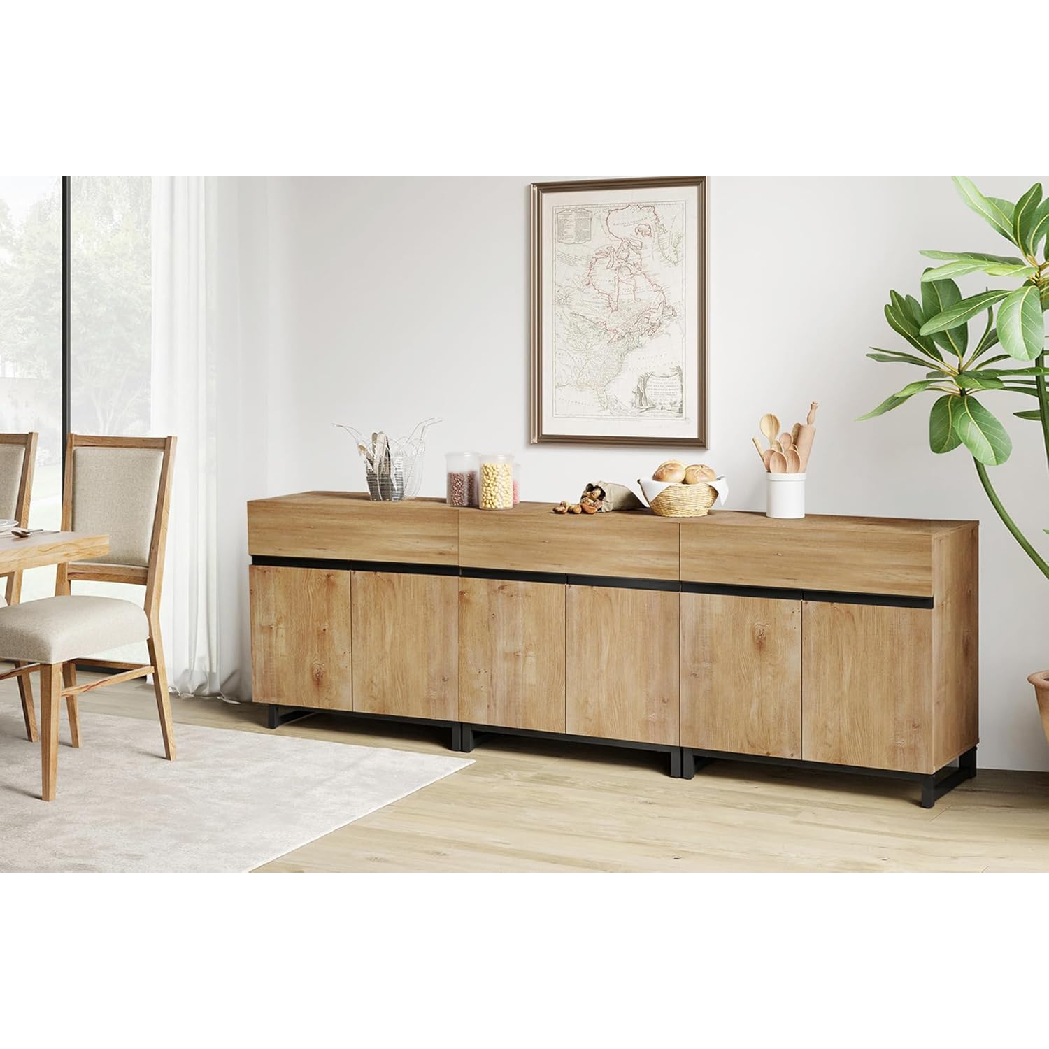 WAMPAT Sideboard Buffet Cabinet Set of 3,Modern Accent Storage Cabinets with Adjustable Shelf for Living Room,Kitchen,Oak