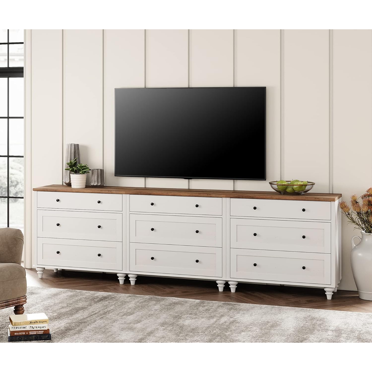 WAMPAT 100 inches TV Stand with 9 Drawers,Wood TV Cabinet Entertainment Center for 75/80/85/90 Inch TV,3-in-1 Kids Dresser with 3 Drawers for Bedroom