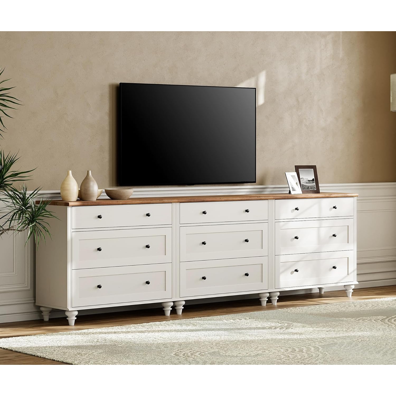 WAMPAT 100 inches TV Stand with 9 Drawers,Wood TV Cabinet Entertainment Center for 75/80/85/90 Inch TV,3-in-1 Kids Dresser with 3 Drawers for Bedroom