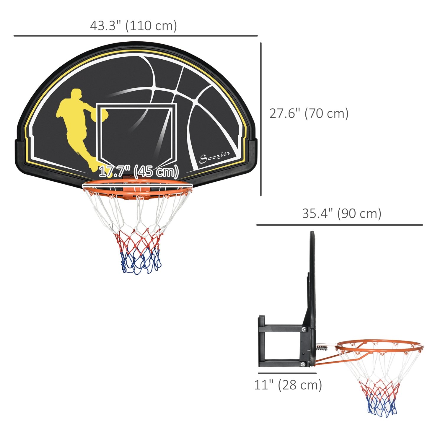 Panier de basketball mural de Soozier, avec panneau incassable de 43,3 x 27,6", mini panier de basketball et panneau arrière pour l'extérieur et