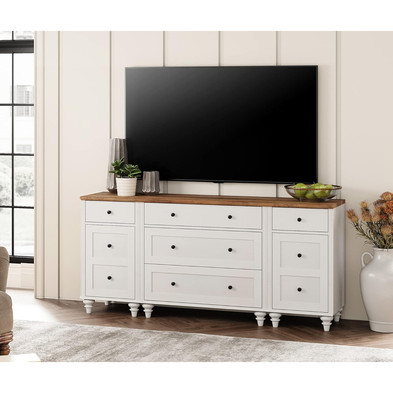 WAMPAT Modern TV Stand for 75 Inches TV,Wood Dresser with 5 Drawers and 2 Doors,Nightstands with Charging Station for Bedroom,White