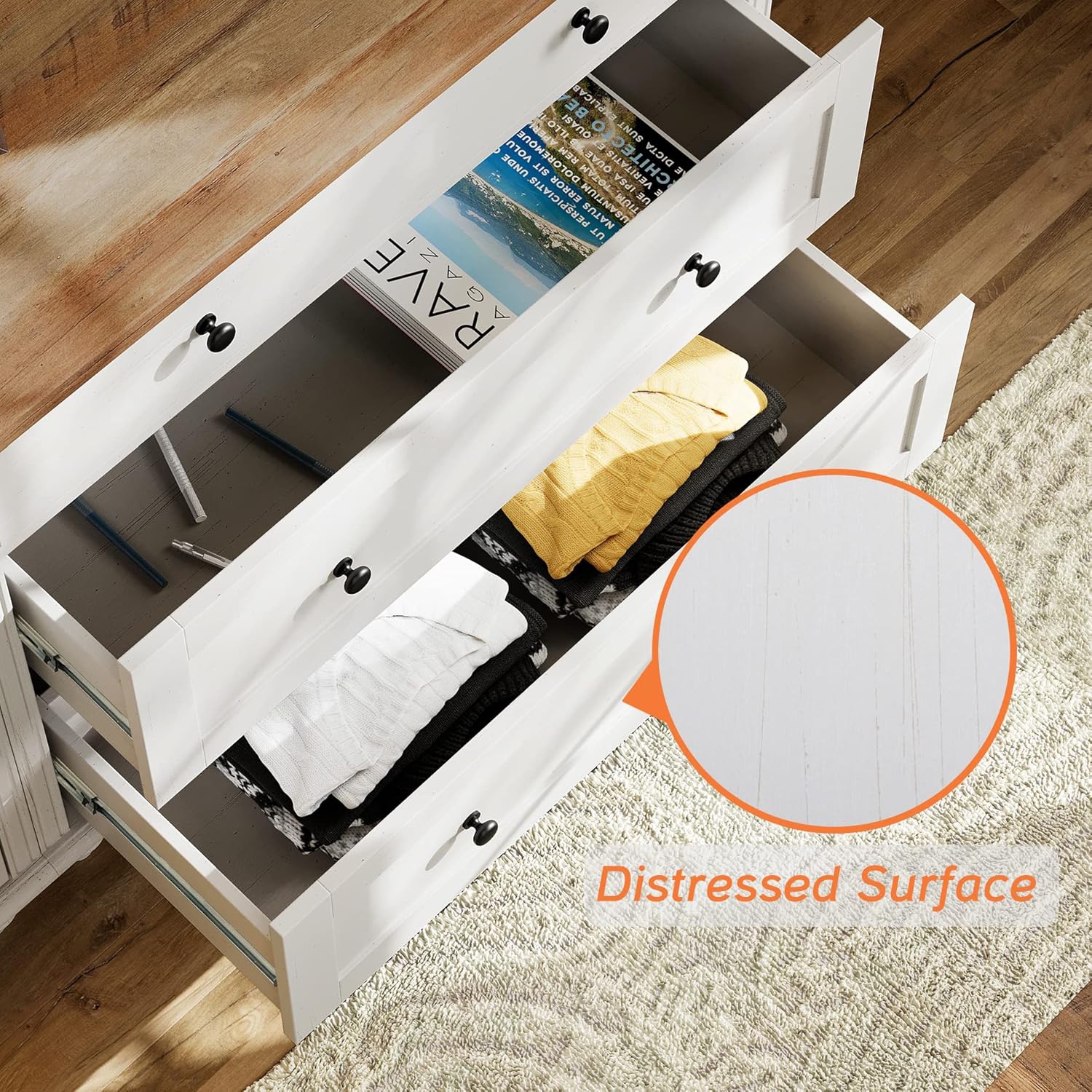 WAMPAT Modern TV Stand for 75 Inches TV,Wood Dresser with 5 Drawers and 2 Doors,Nightstands with Charging Station for Bedroom,White