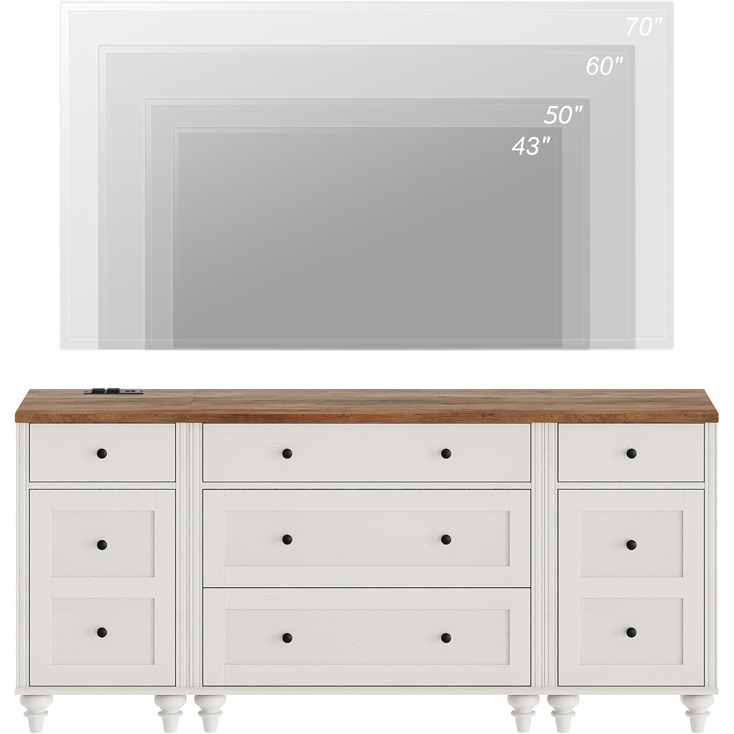 WAMPAT Modern TV Stand for 75 Inches TV,Wood Dresser with 5 Drawers and 2 Doors,Nightstands with Charging Station for Bedroom,White