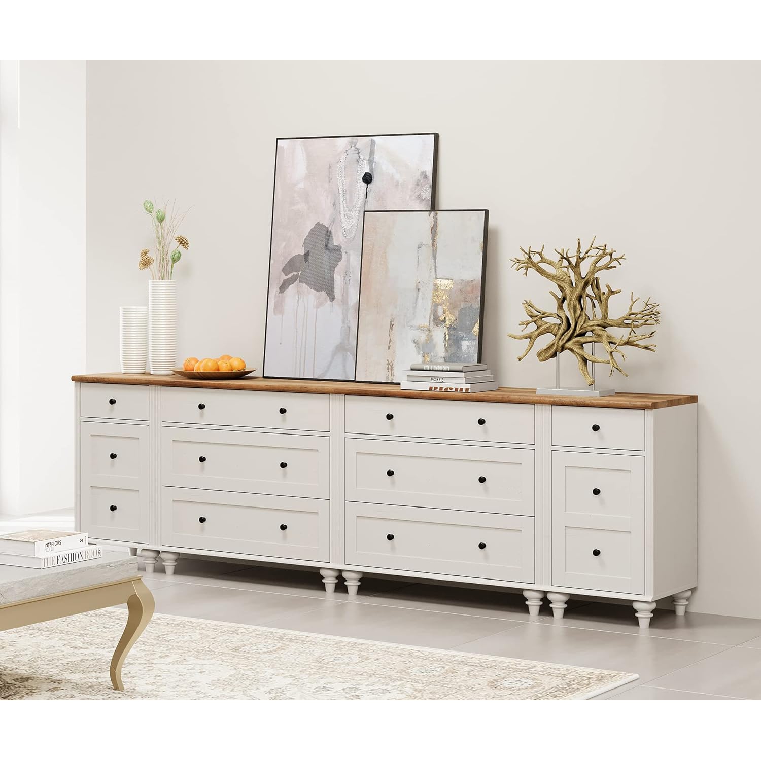 Meuble pour téléviseur WAMPAT 100&nbsp;pouces avec 9 tiroirs, meuble de divertissement en bois pour téléviseur 75/80/85/90 pouces pour salon, blanc