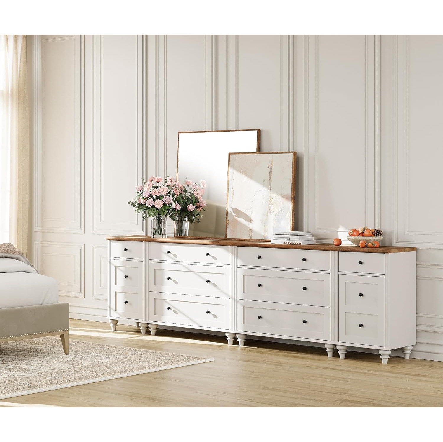 Meuble pour téléviseur WAMPAT 100&nbsp;pouces avec 9 tiroirs, meuble de divertissement en bois pour téléviseur 75/80/85/90 pouces pour salon, blanc