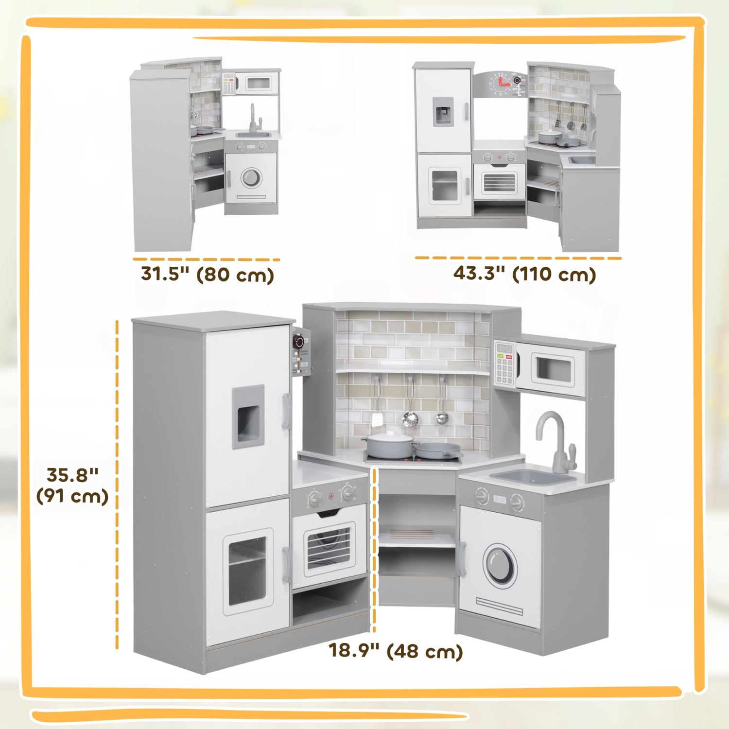 Qaba Corner Play Kitchen, Kids Kitchen Playset, Pretend Play Kitchen Set with Lights & Sounds, Stove Ice Maker Microwave Oven, Clock, Gift for Boys