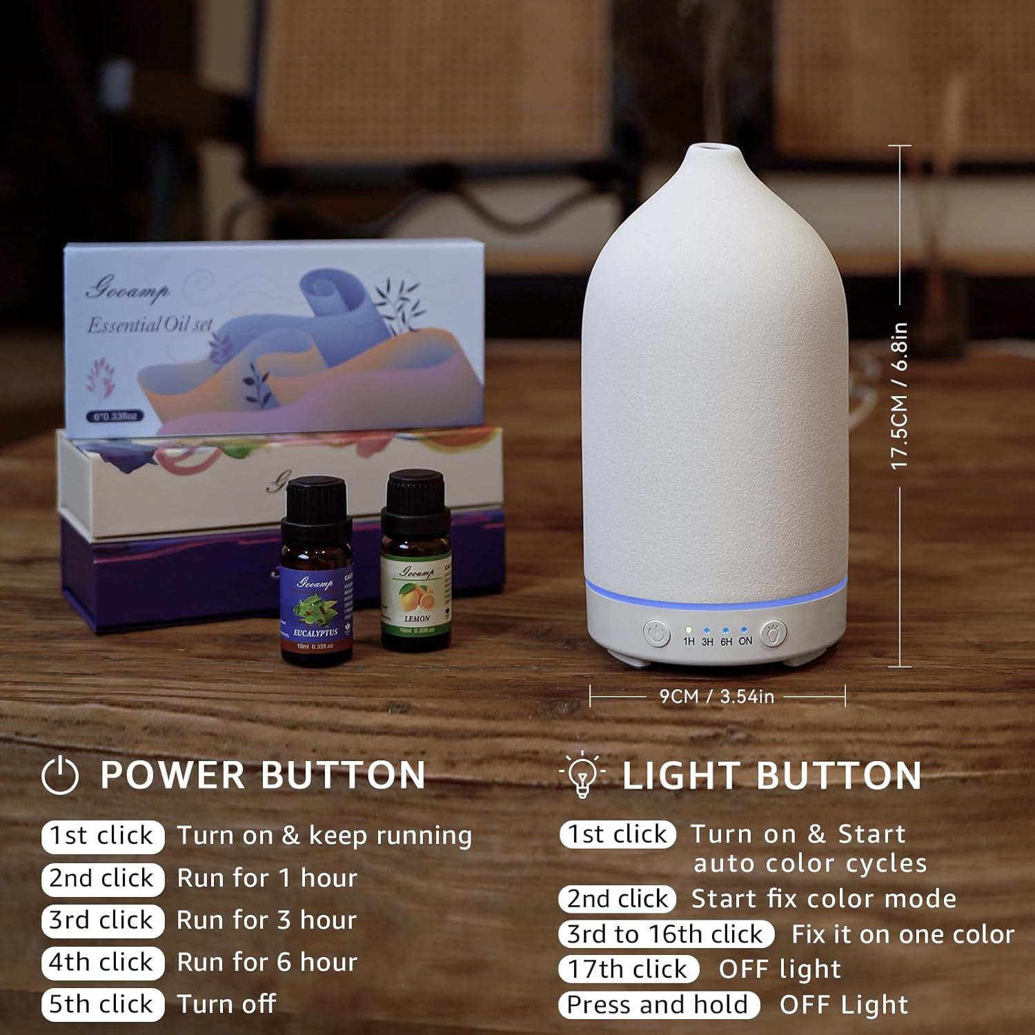 200ML Ceramic Diffuser,Essential Oil Diffuser with 7 Color Lights Auto Shut Off for Office Home Room,White