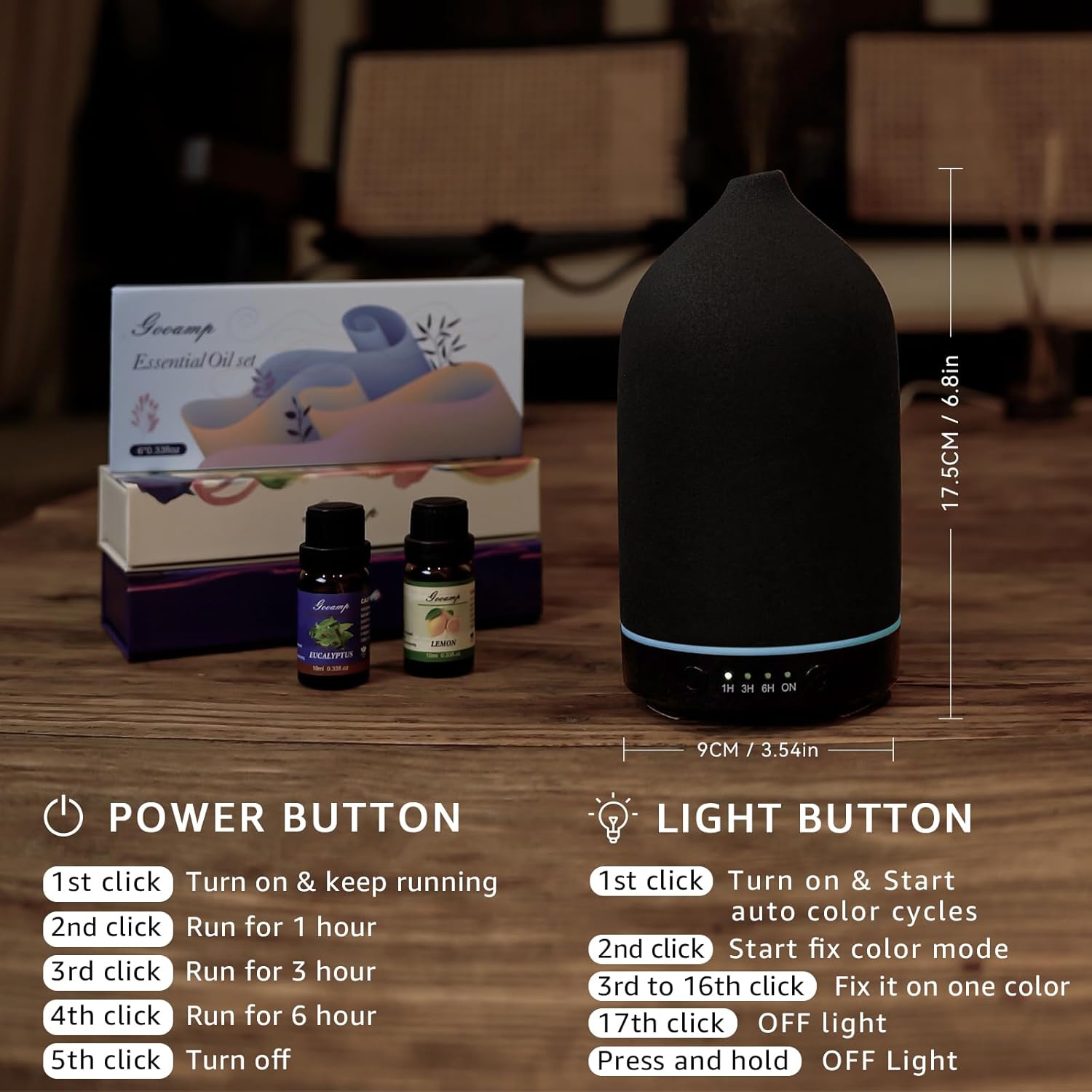 200ML Ceramic Diffuser,Essential Oil Diffuser with 7 Color Lights Auto Shut Off for Office Home Room,Black