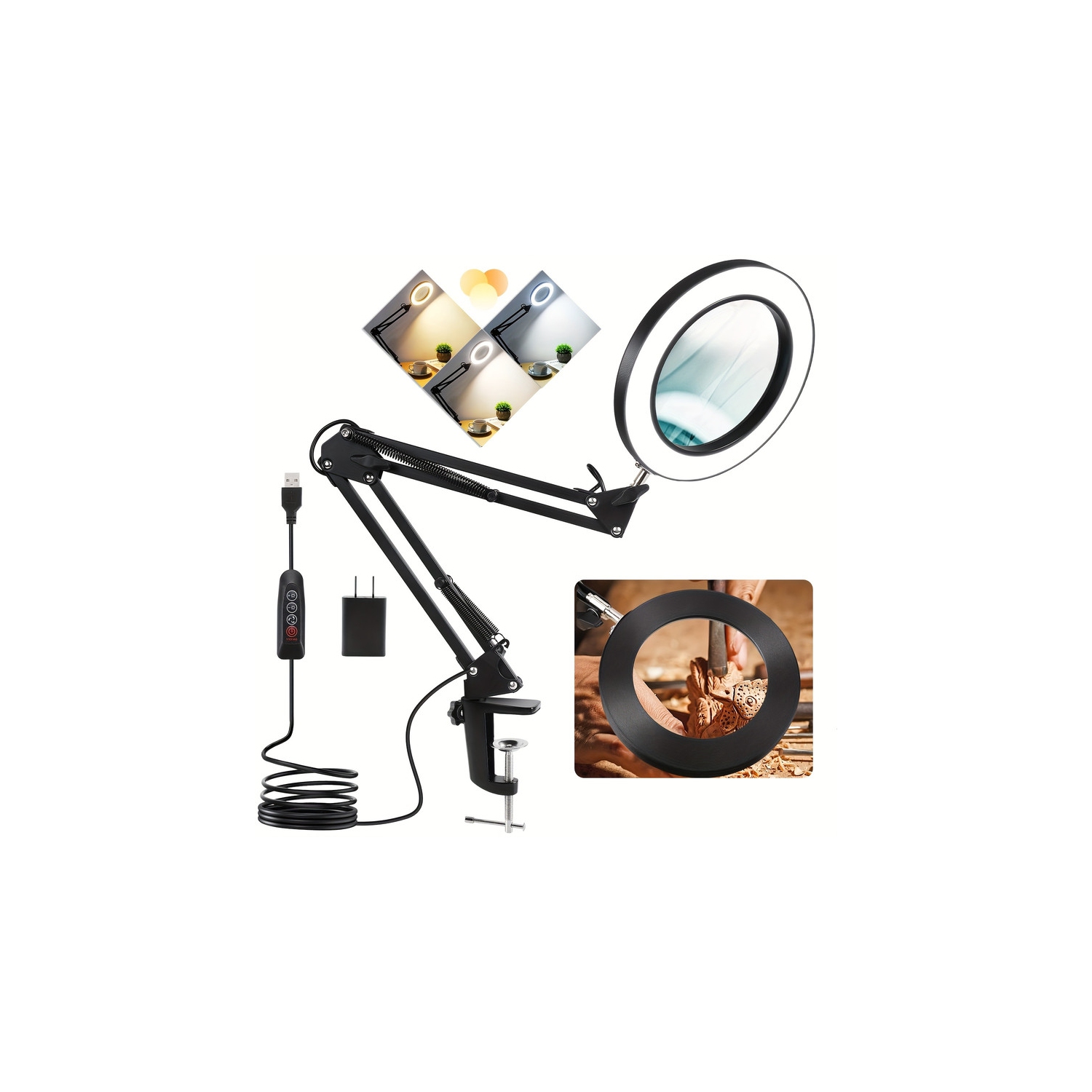 YOULIGHTS – Lampe de bureau moderne à bras pivotant réglable avec loupe 10x avec lumière et pince, 3 modes de couleur, intensité lumineuse lumineuse