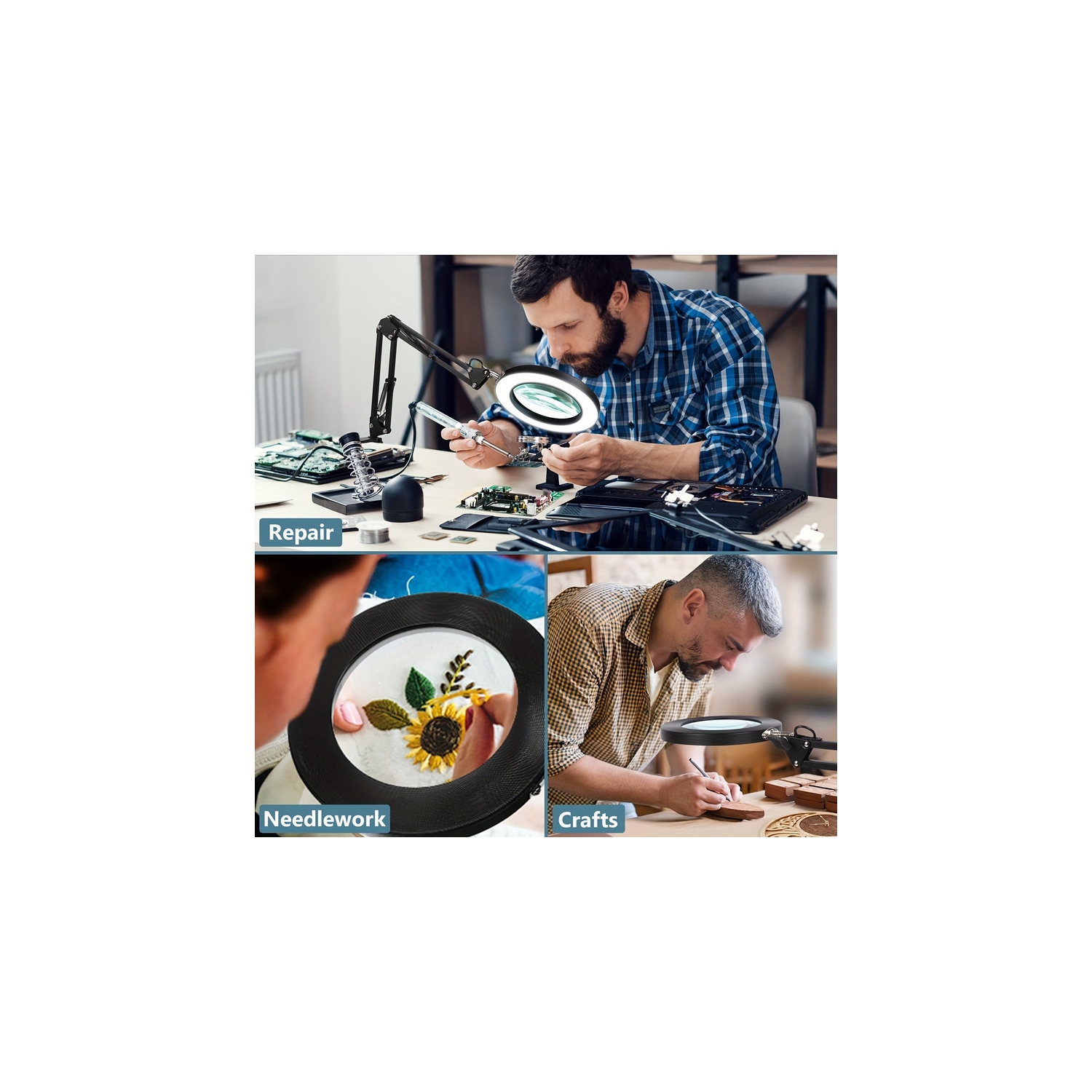 YOULIGHTS – Lampe de bureau moderne à bras pivotant réglable avec loupe 10x avec lumière et pince, 3 modes de couleur, intensité lumineuse lumineuse