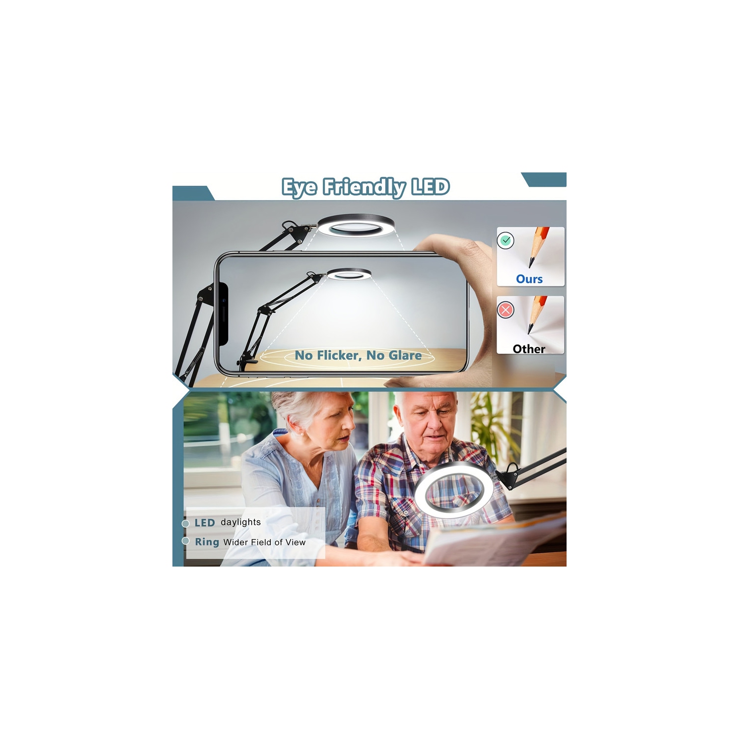 YOULIGHTS – Lampe de bureau moderne à bras pivotant réglable avec loupe 10x avec lumière et pince, 3 modes de couleur, intensité lumineuse lumineuse