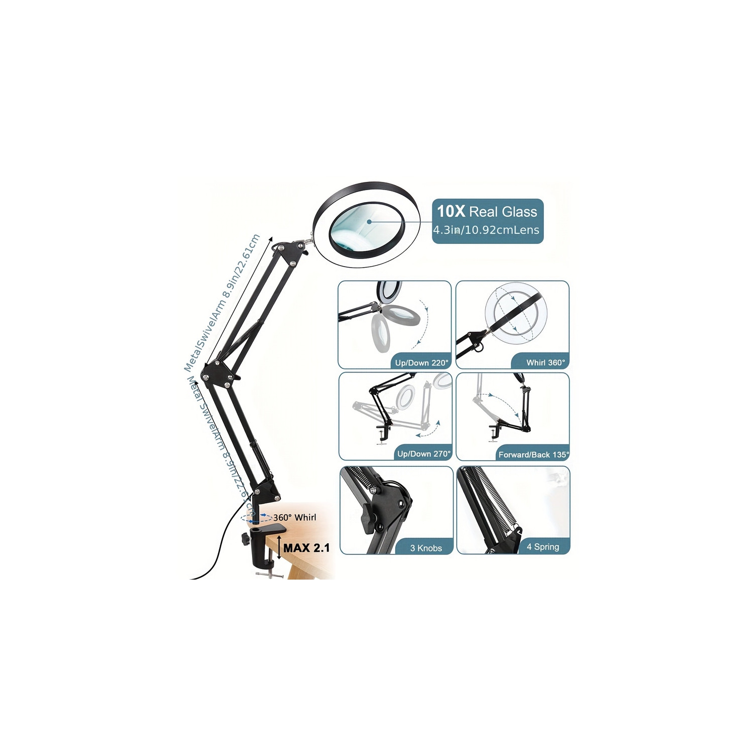 YOULIGHTS – Lampe de bureau moderne à bras pivotant réglable avec loupe 10x avec lumière et pince, 3 modes de couleur, intensité lumineuse lumineuse