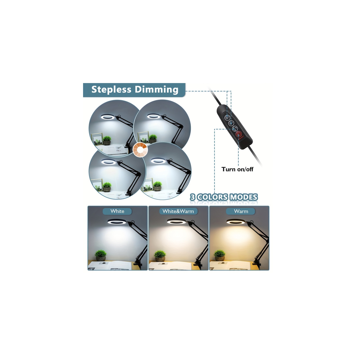 YOULIGHTS – Lampe de bureau moderne à bras pivotant réglable avec loupe 10x avec lumière et pince, 3 modes de couleur, intensité lumineuse lumineuse