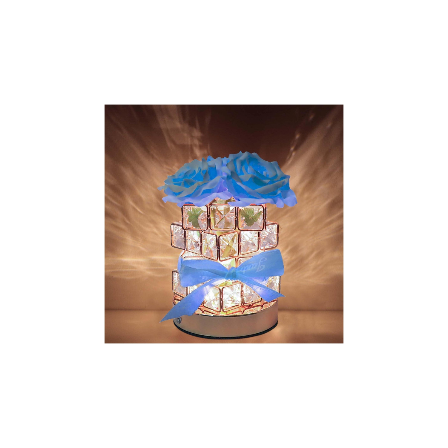 Blue-Rose Flower Lamp, Rechargeable LED Artificial Rose Table Lamp with Cube Crystal Vase, Dimmable 3 Color Temperature Touch Lamp, Creative Wireless