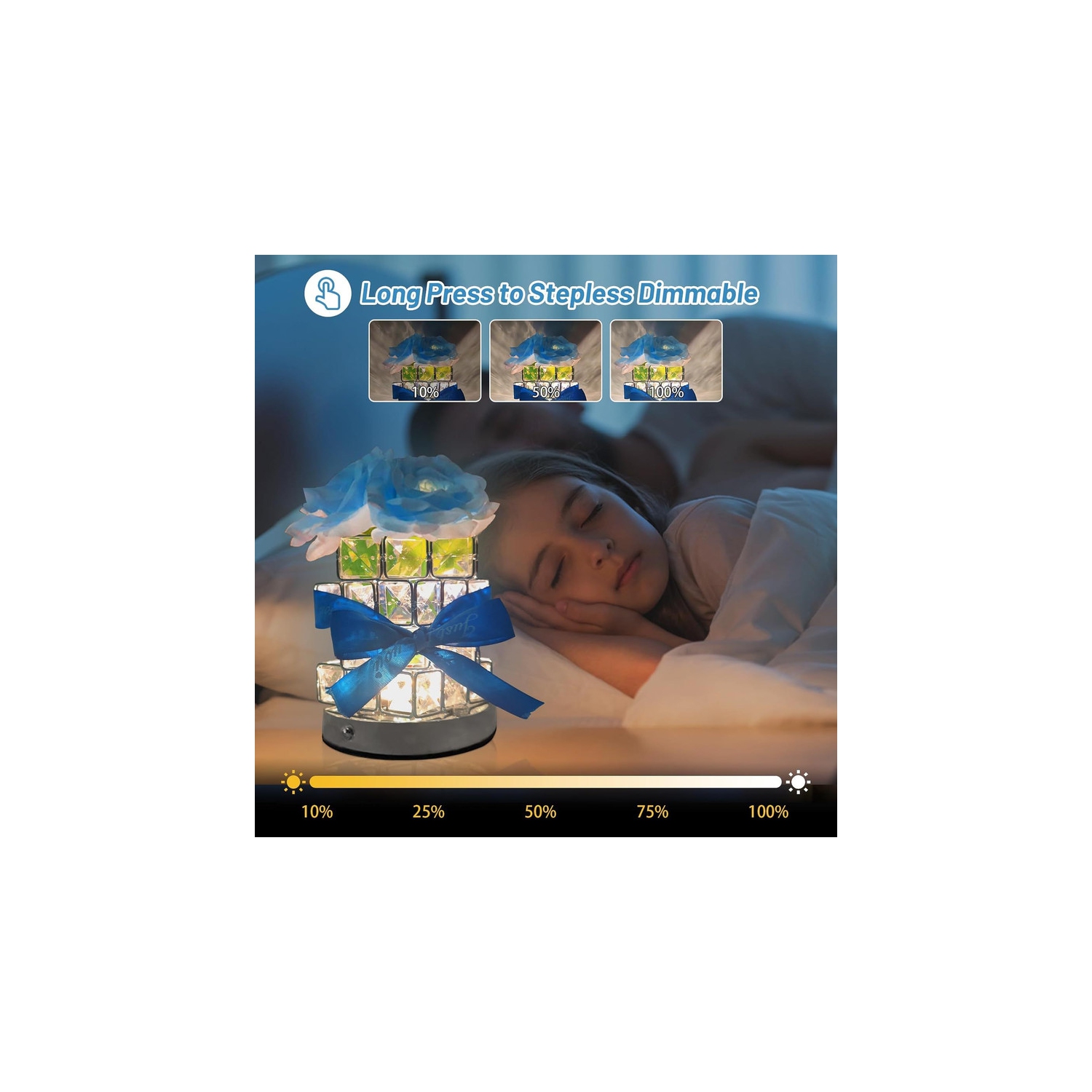 Blue-Rose Flower Lamp, Rechargeable LED Artificial Rose Table Lamp with Cube Crystal Vase, Dimmable 3 Color Temperature Touch Lamp, Creative Wireless