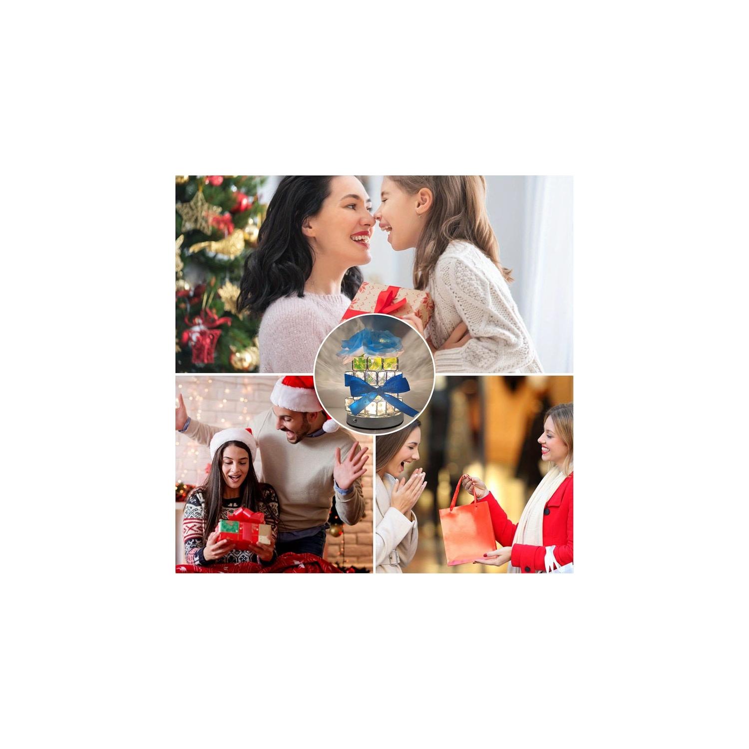 Blue-Rose Flower Lamp, Rechargeable LED Artificial Rose Table Lamp with Cube Crystal Vase, Dimmable 3 Color Temperature Touch Lamp, Creative Wireless