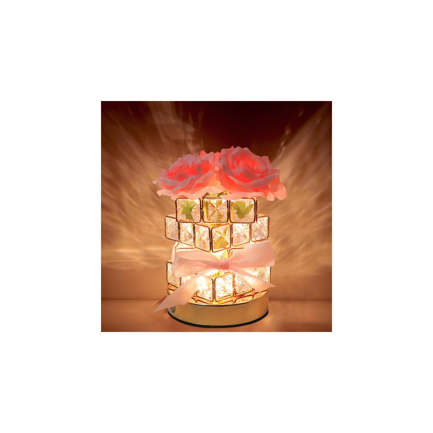 Red - Rose Flower Lamp, Rechargeable LED Artificial Rose Table Lamp with Cube Crystal Vase, Dimmable 3 Color Temperature Touch Lamp, Creative