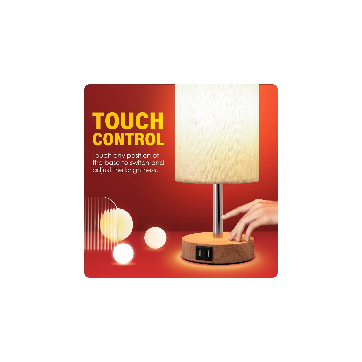 YOULIGHTS Bedside Table Lamp with USB Port - Touch Control for Bedroom Wood 3 Way Dimmable Nightstand Lamp with Round Flaxen Fabric Shade for Living