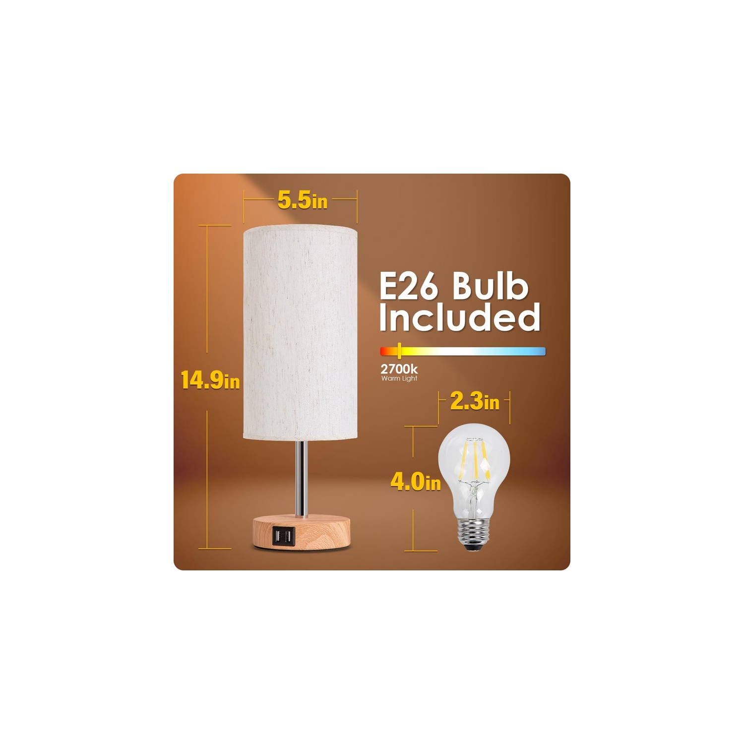 YOULIGHTS Bedside Table Lamp with USB Port - Touch Control for Bedroom Wood 3 Way Dimmable Nightstand Lamp with Round Flaxen Fabric Shade for Living